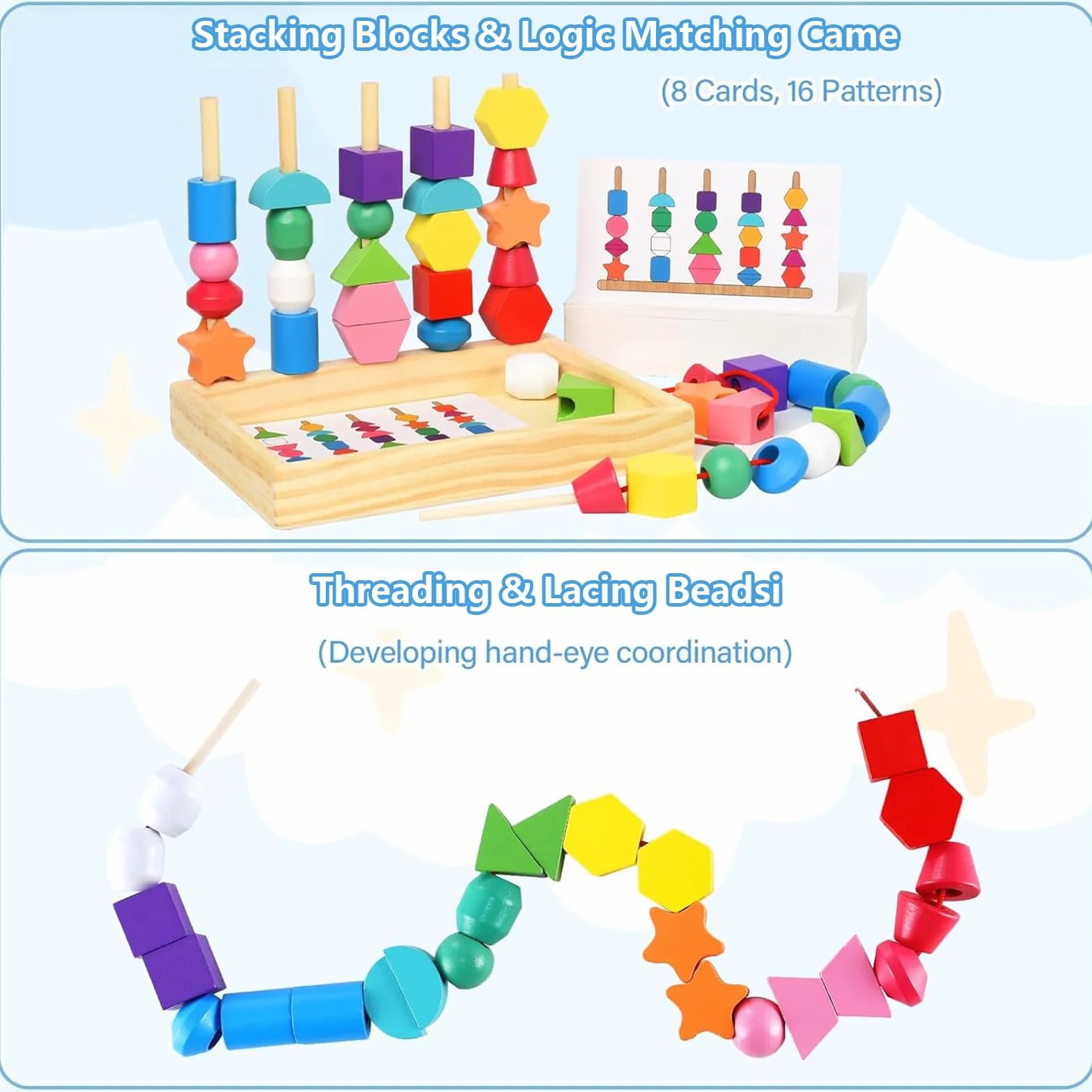 Jouet Montessori 3 en 1 pour Enfants 2-4 Ans Perles en Bois à Enfiler, Jeu de Tri et Empilage Éducatif