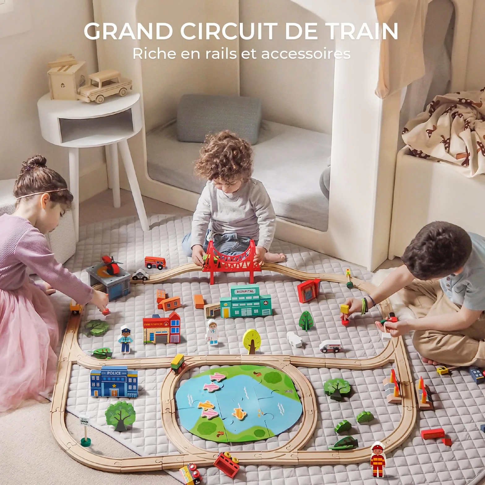 Tiny Land Kit de chemin de fer en bois 110 pièces pour enfants 3-7 ans