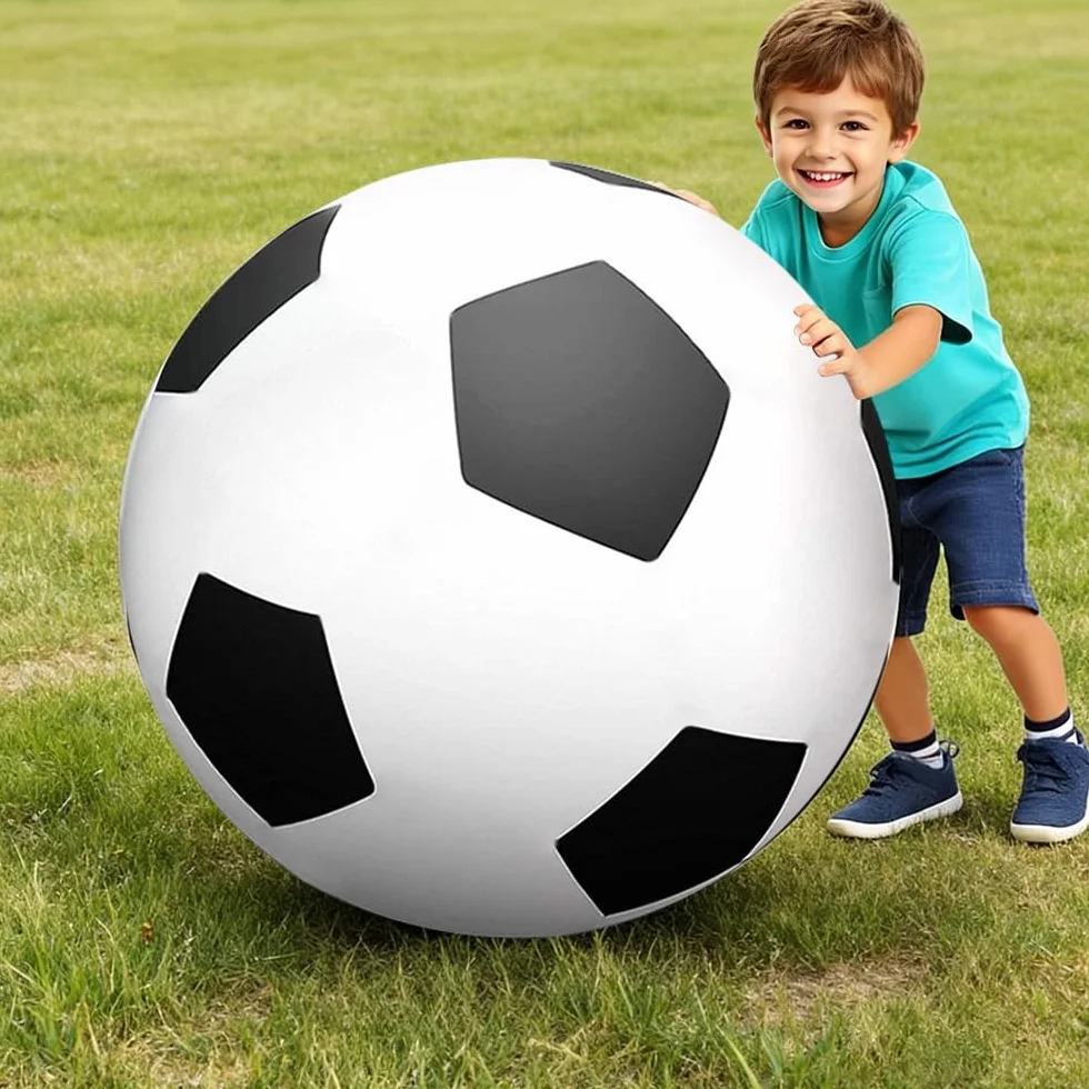 Ballon de football gonflable géant 100 cm caoutchouc robuste avec pompe à main noir et blanc