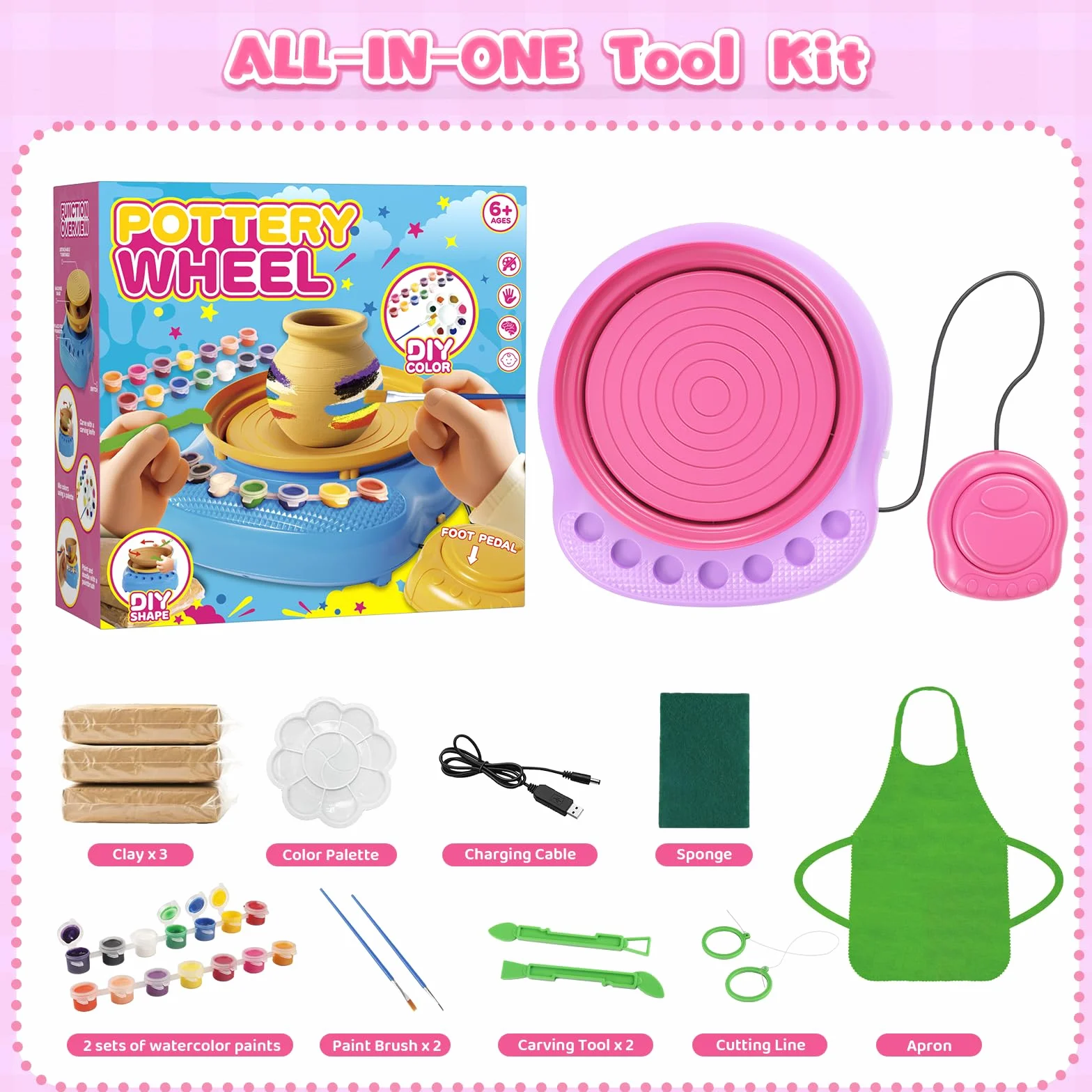 Tour de Potier Enfant avec Argile et Peinture, Kit Poterie Auto-Durcissante Cadeau Créatif