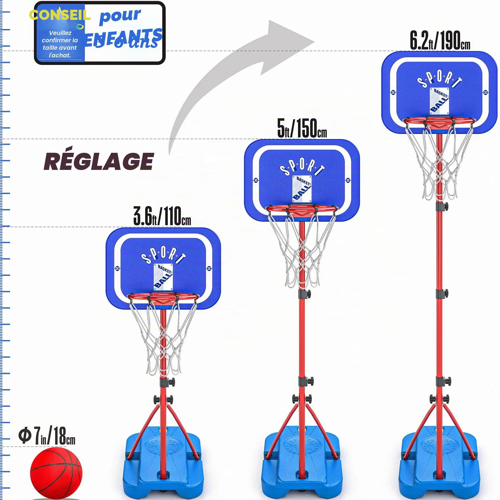 Panier de Basket-Ball avec Support, Hauteur réglable 110-190 cm, Jouet extérieur et intérieur pour Enfants