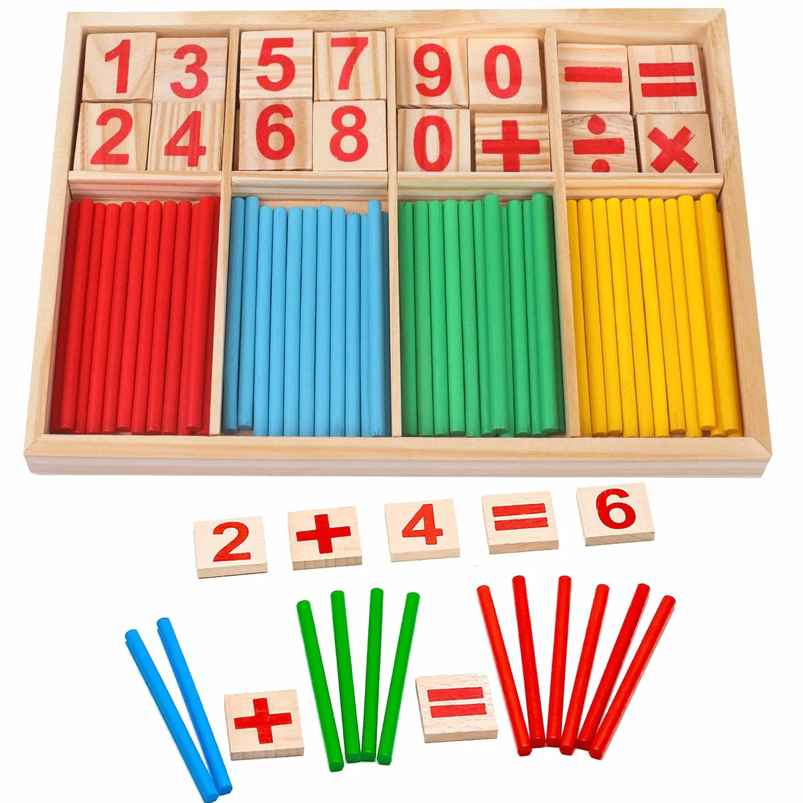 Jouet Montessori Mathématiques, Jeu Numérique Bâtons Bois avec Blocs et Bâtons Comptage pour Enfants 3 Ans