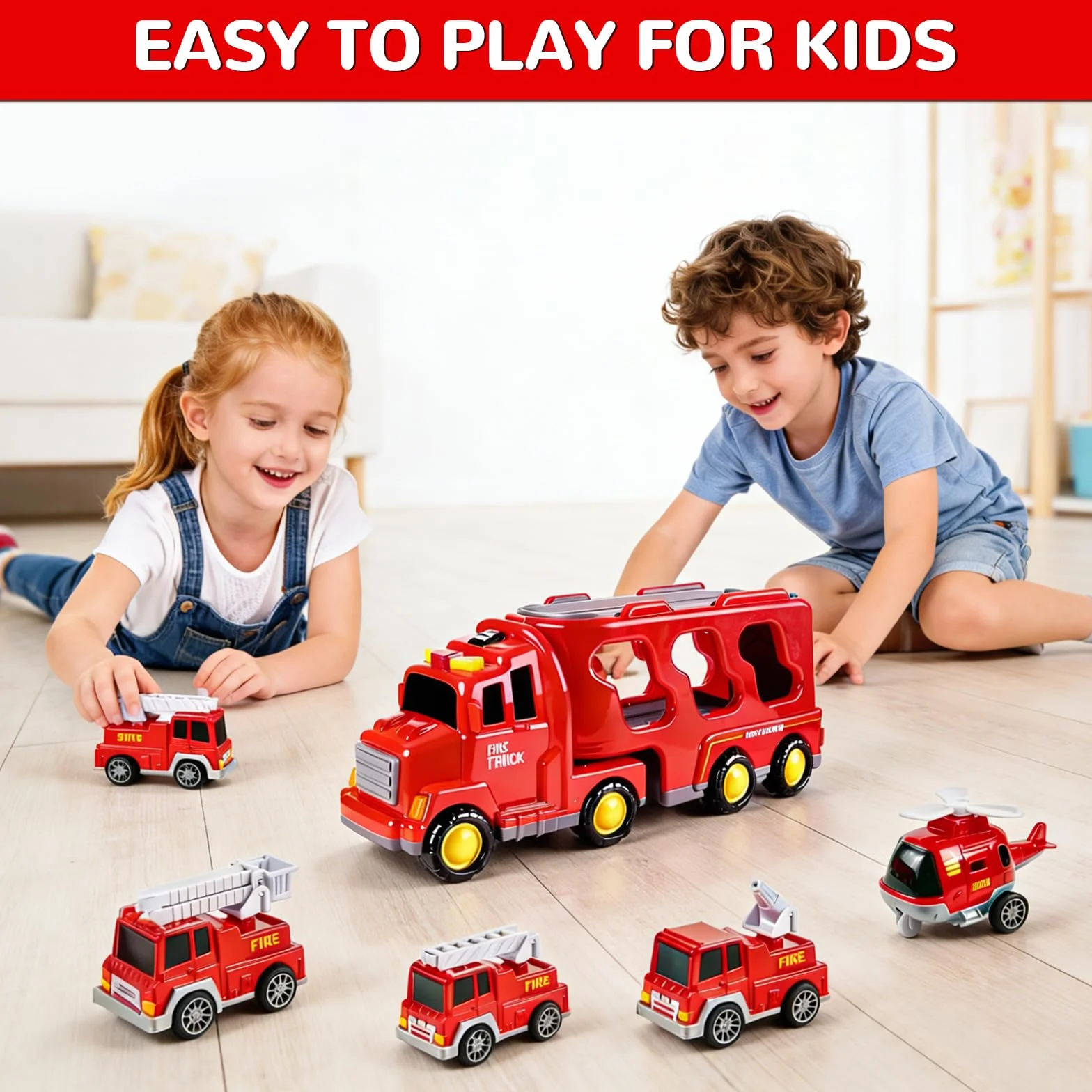 Camion de Pompiers 5 en 1 Jouet avec 4 Véhicules, Sons et Lumières Transporteur à Friction pour Enfants 3-6 Ans