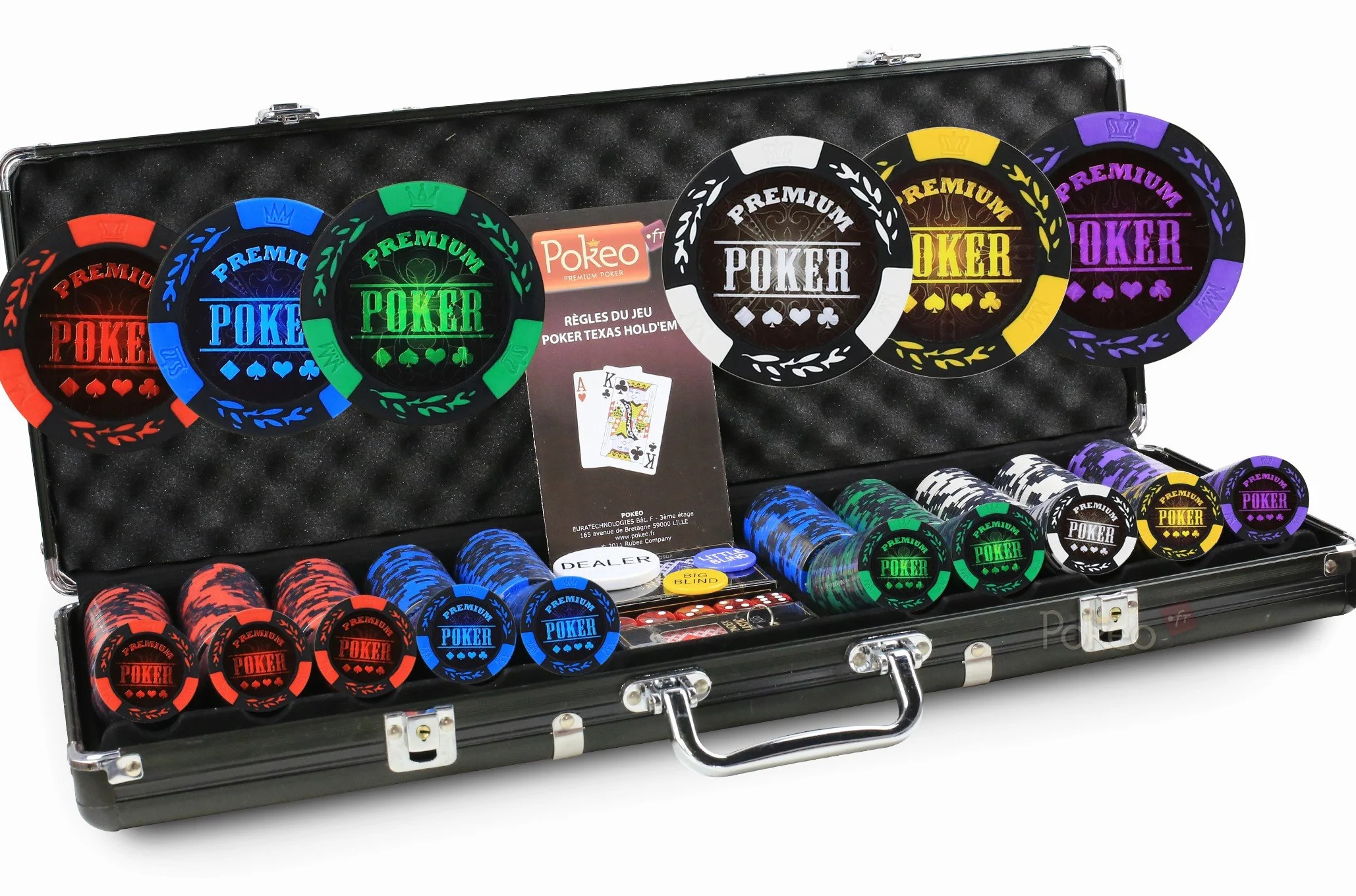 Malette Poker 500 Jetons Premium Poker + 2 Jeux de Cartes + Bouton Dealer - Poker Set de 500 Jeton de Poker Premium (sans Valeur) - Jeu de Poker avec 500 jetons de Poker - Mallette Poker - Jetons 14g