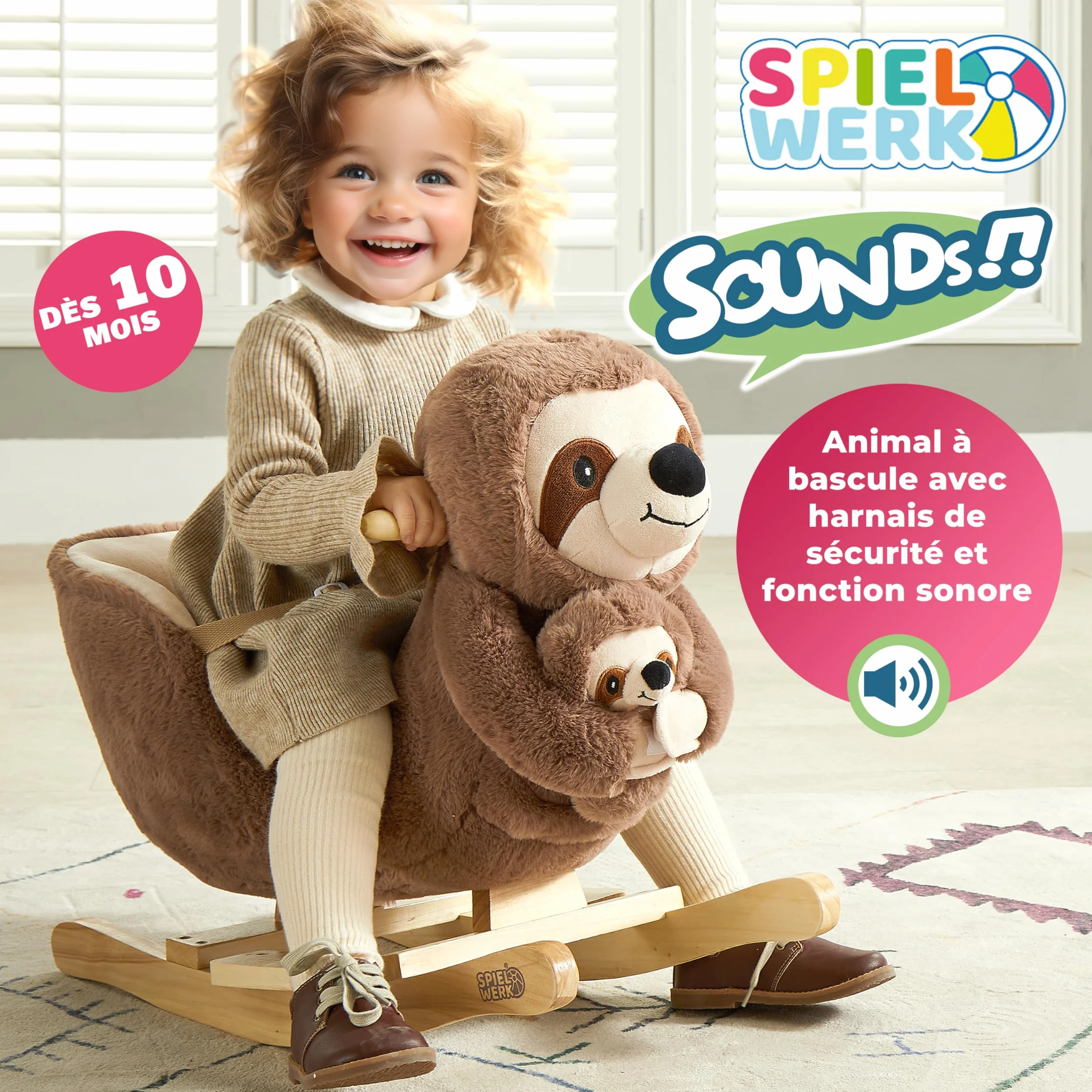 SPIELWERK® Paresseux à Bascule Animal en Peluche avec Ceinture Sécurité et Fonction Sonore