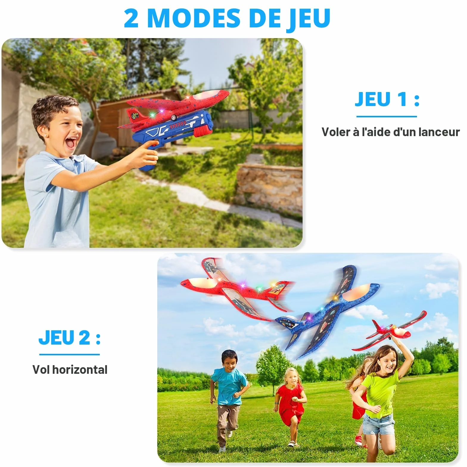 Avion Polystyrene Planeur avec Pistolet Catapulte, 3 Pièces Jouet Volant LED Enfant Exterieur Intérieur Cadeau Garçon Fille 3-10+ Ans