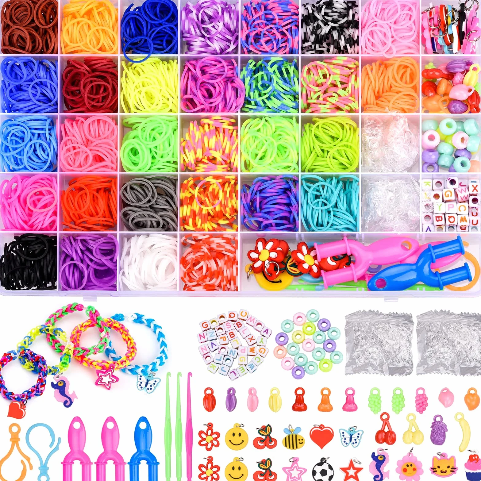 AOKITO 2500 Bracelet Kit Élastique 32 Couleurs Loom Bands avec Pendentifs Clips Perles Boîte Rangement Enfant