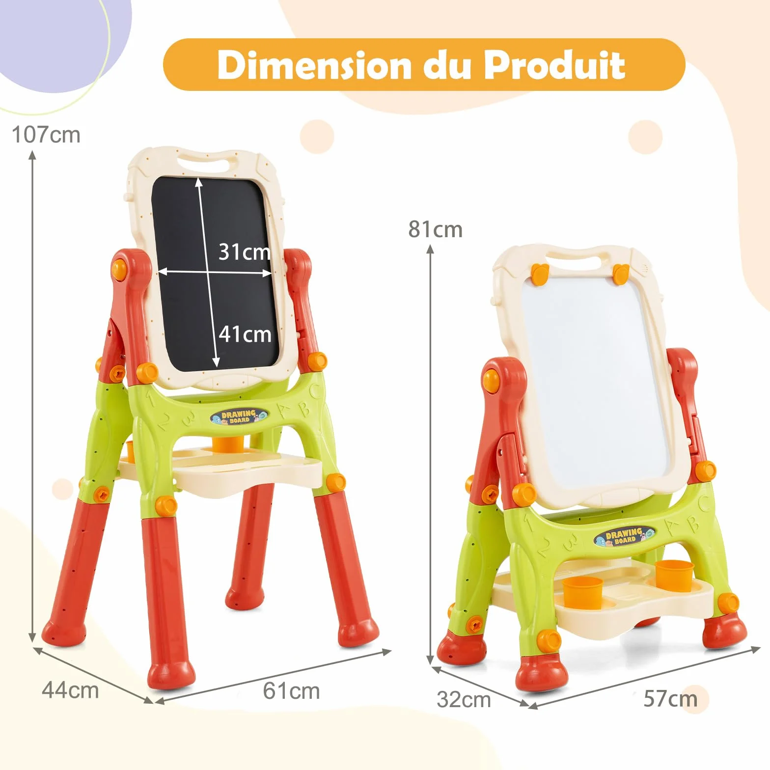 COSTWAY Tableau Enfant Double Face Chevalet avec Hauteur Réglable, Plateau Rangement 2 Pots, Pivotant 360° 3 Ans+ Orange