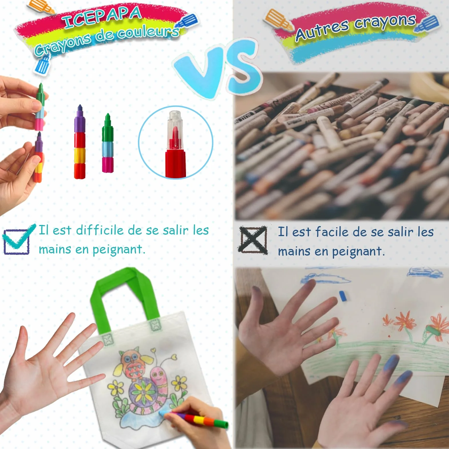 ICEPAPA Kit Peinture Enfant 12 Sac a Colorier 12 Crayons de Couleurs empilables 7 couleurs Cadeau Anniversaire Enfants