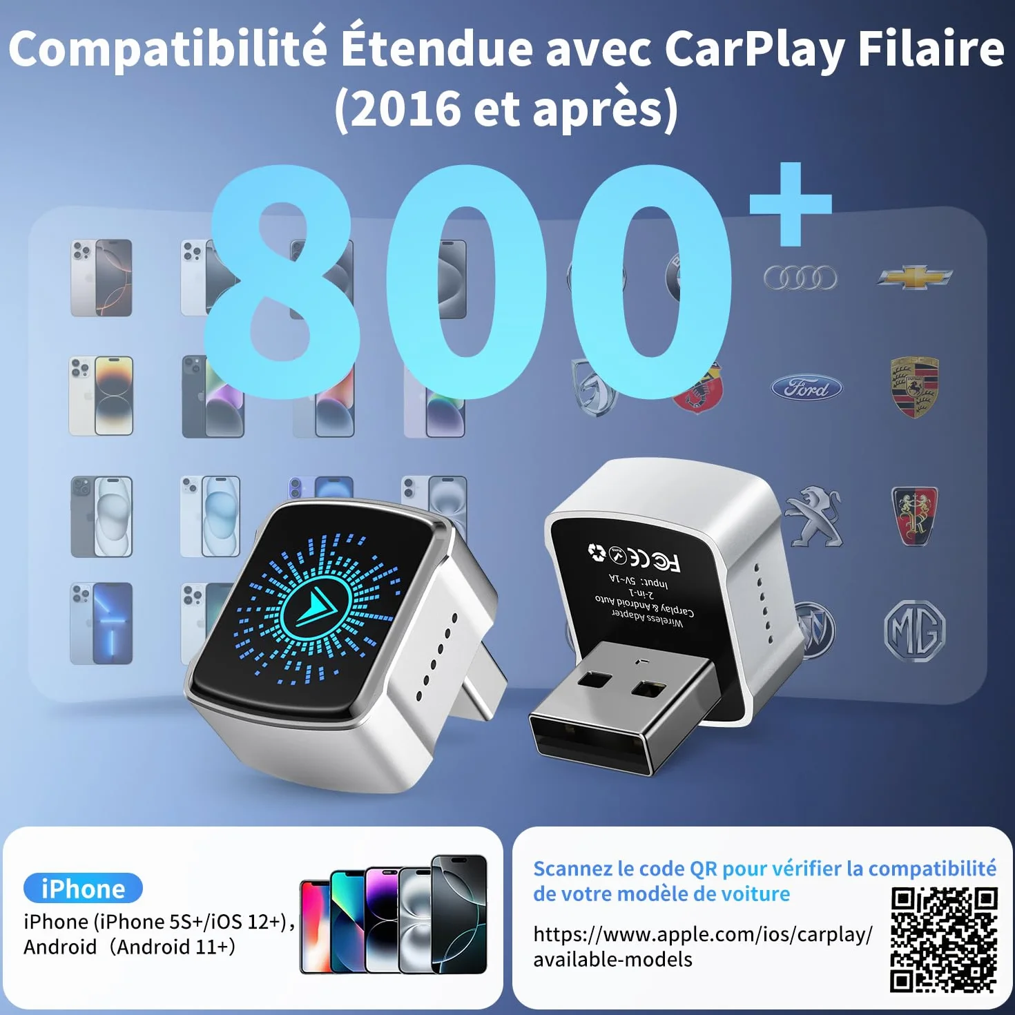 Adaptateur CarPlay sans Fil pour iPhone iOS 12+ Android Auto Compatible Voitures CarPlay Câblé 2016+ USB-A/C Connexion Rapide Stable Argent