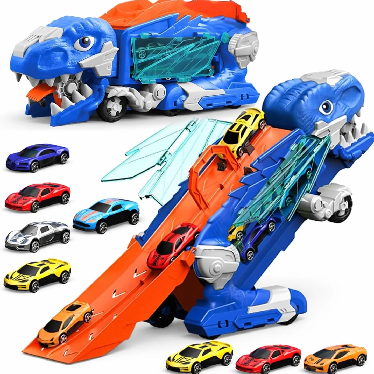 Dinosaure Camion Jouet avec 8 Voitures, Garage Circuit de Course Transporteur Cadeau