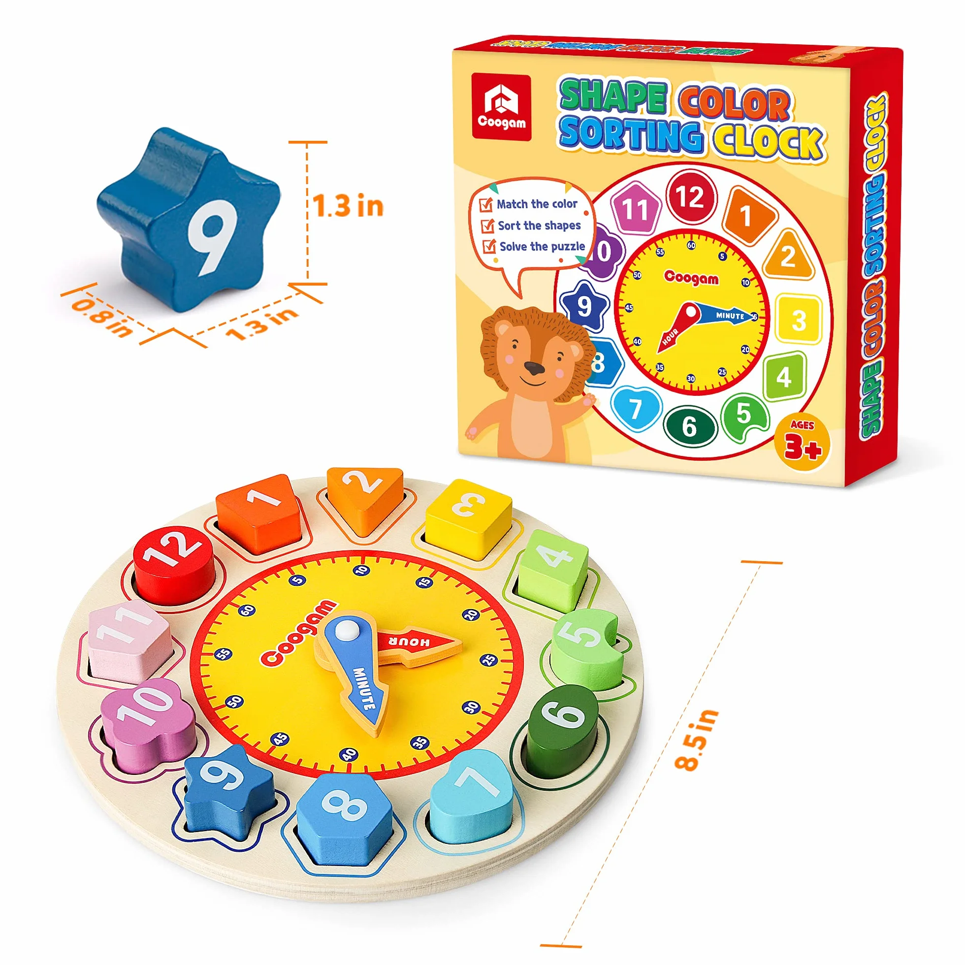 Coogam Horloge en Bois Forme Tri Puzzle Montessori Apprentissage précoce Jouet éducatif Cadeau Bambin