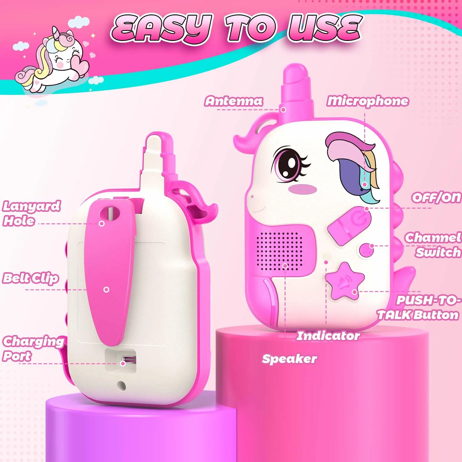 Talkie Walkie Enfants Rechargeable Licorne Jouet Fille 3-8 Ans Cadeau Anniversaire Jeux Extérieur