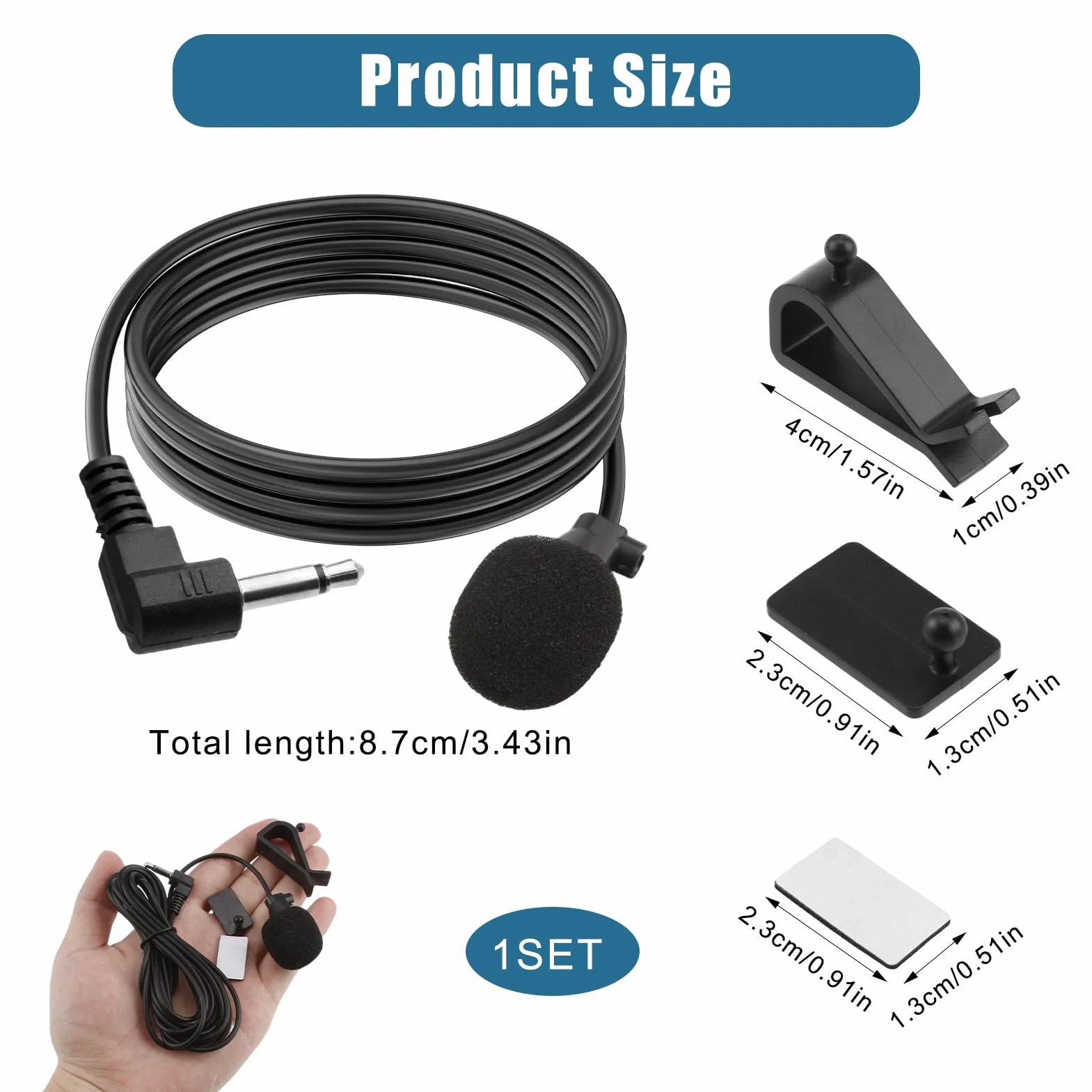 Microphone Externe 3,5 mm avec Pince en U et Câble 3 m pour Autoradio Appels Mains Libres