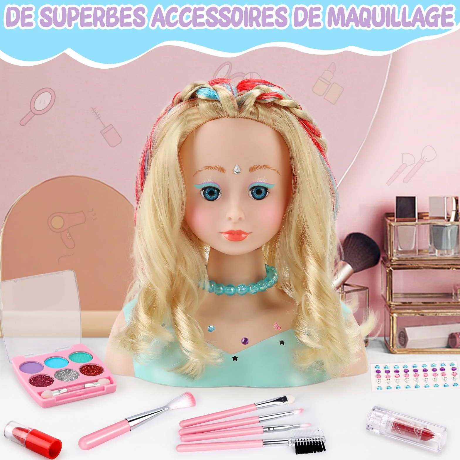 BuzzoXerex Têtes à Coiffer Enfant 58 Pièces Jouet de Maquillage et Coiffure Cadeau Anniversaire Noël 3 Ans Bleu