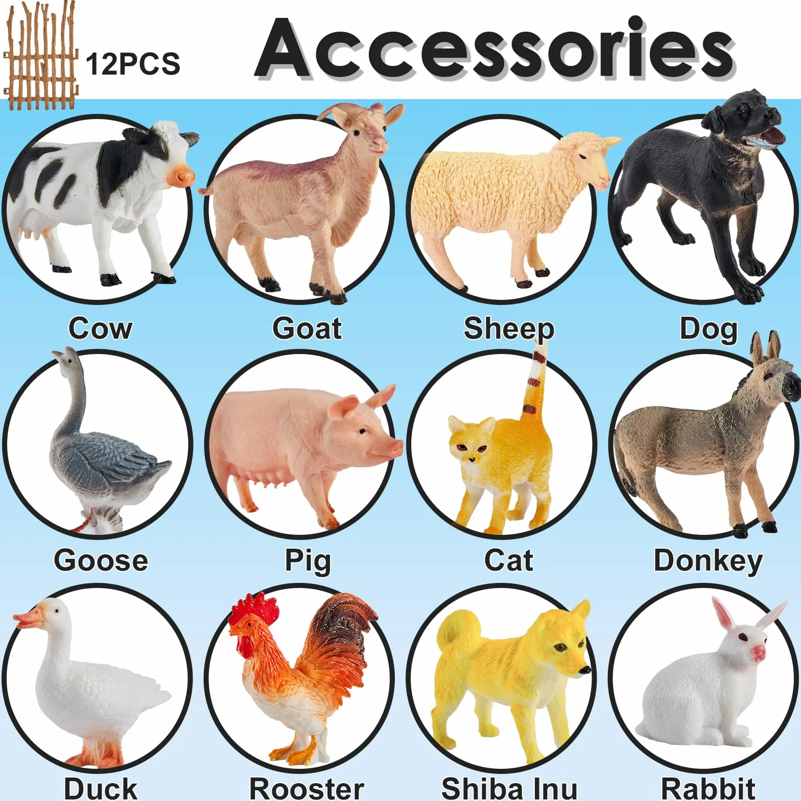 BUYGER 12 Figurines d'animaux de la Ferme Réalistes avec Clôture, Jouet Éducatif pour Enfants 3-6 Ans
