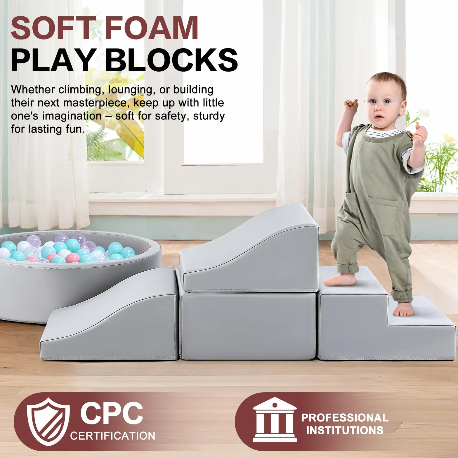 SweHouse Série de 5 pièces Équipement de Jeu en Tissu, Bain de Ballons et Fosse pour Enfants, Jouets d'escalade, Blocs en Mousse Gris
