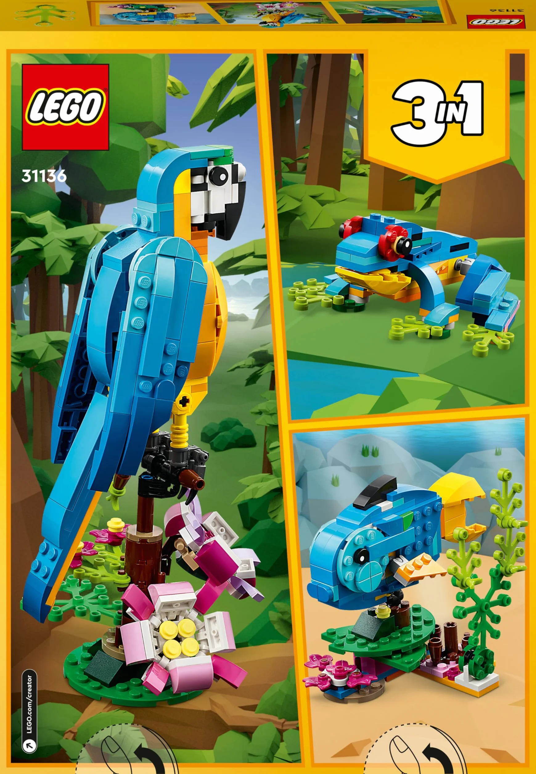LEGO 31136 Creator 3-en-1 Le Perroquet Exotique Jouet de Construction Figurines Animaux de la Jungle