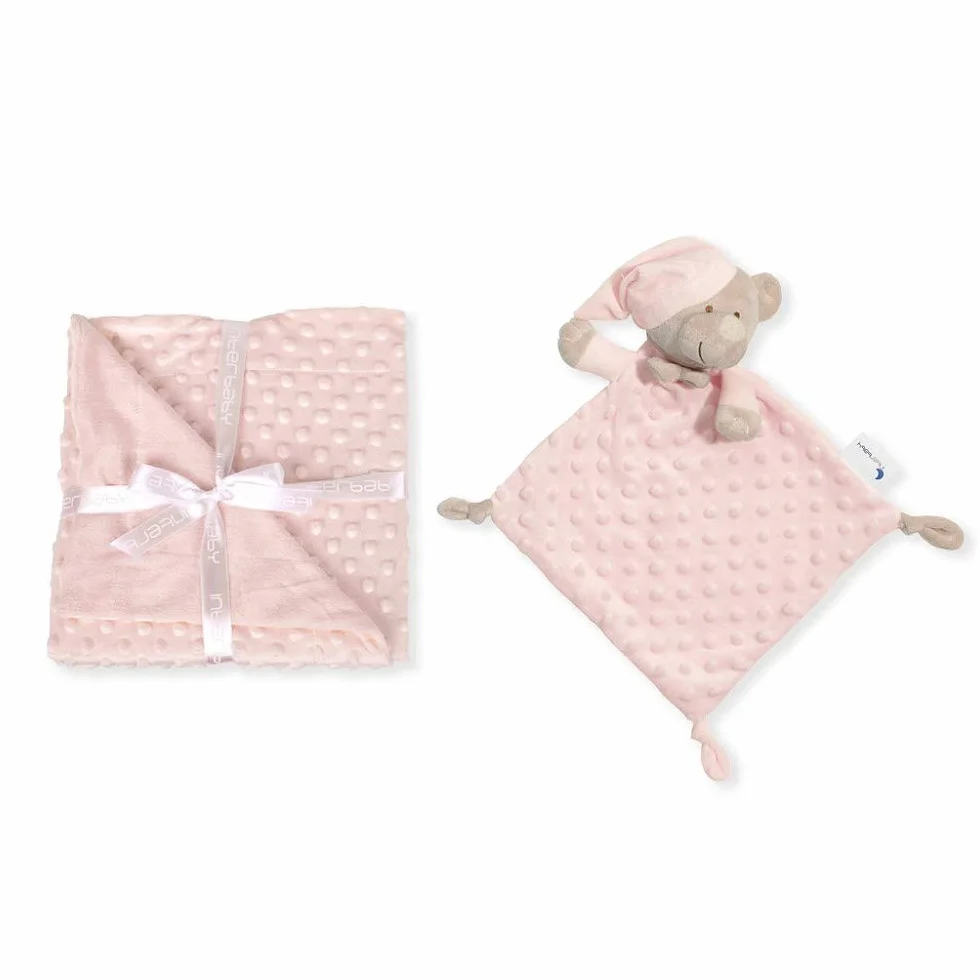 Interbaby Couverture Bébé Bulles 80x110cm + Peluche Ourson 28x17cm Coffret Cadeau Naissance Rose