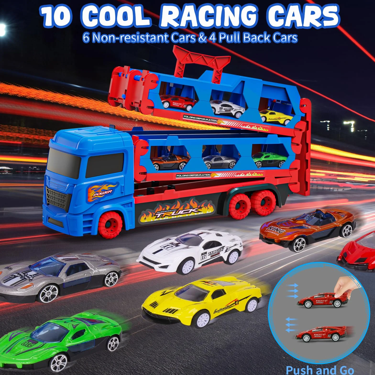 Camion Transporteur Voiture avec Pistes Pliables 165cm et 10 Mini Voitures pour Enfants 3-6 Ans