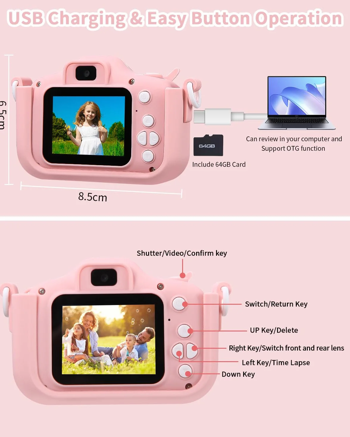 Appareil Photo Numérique Enfant 2.0 Pouces HD 1080p 64Go Carte SD Rechargeable Cadeau Filles Garçons 3-10 Ans