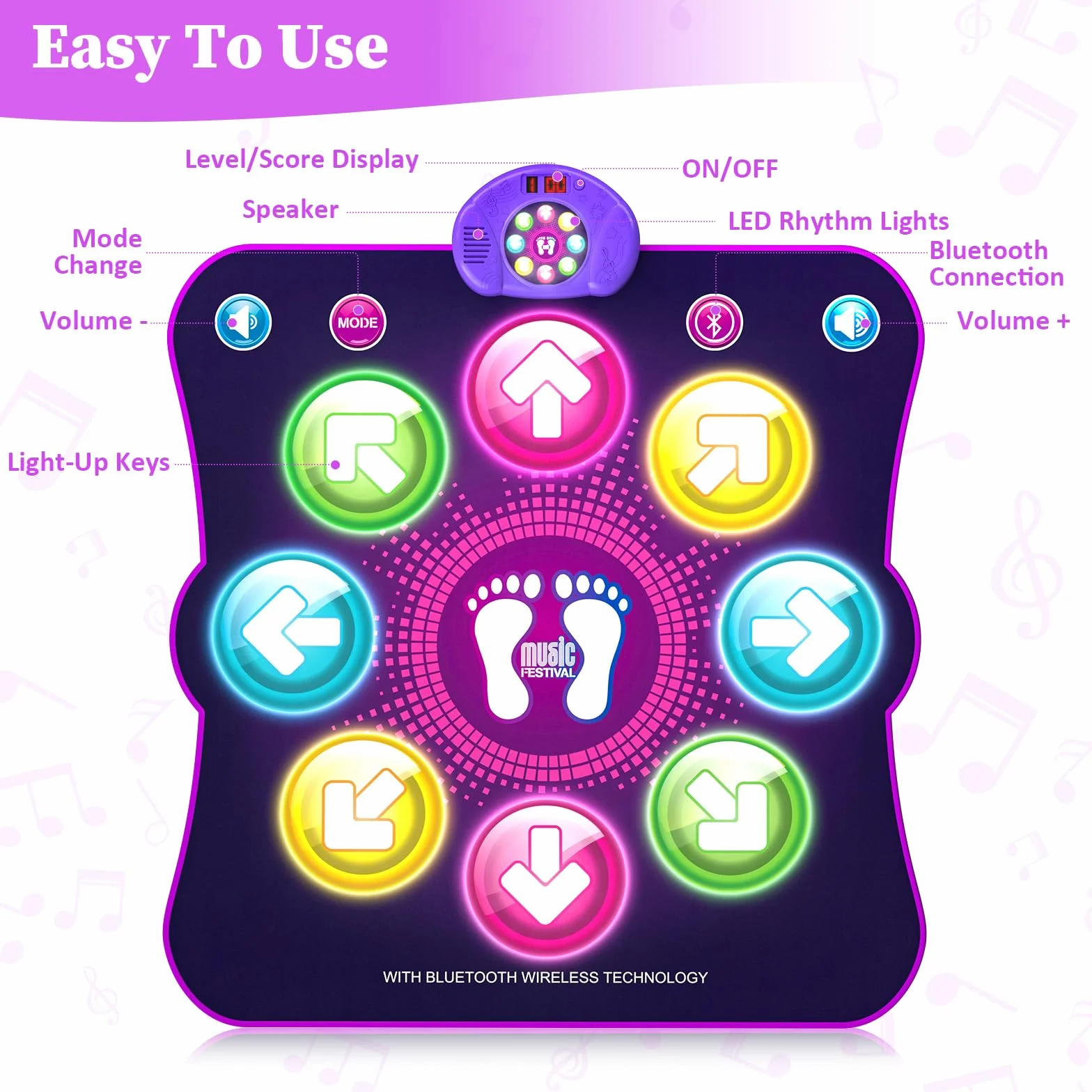 Tapis de Danse pour Enfants LED Musique 8 Flèches Lumière 6 Modes de Jeu Batterie Cadeau Noël 3-12 Ans