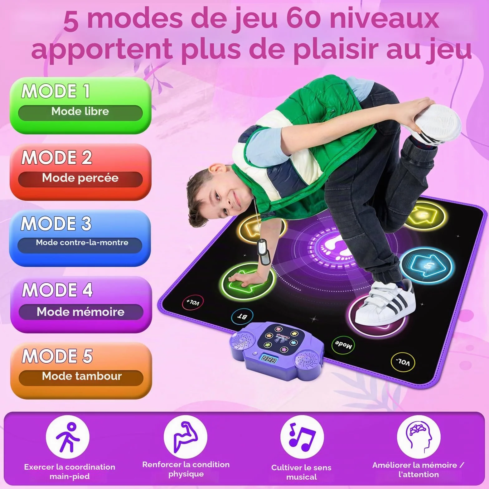 ZWOOS Tapis de Danse Fille 3-12+ Ans avec Affichage LED Bluetooth, Tapis Musical Électronique 5 Modes de Jeu