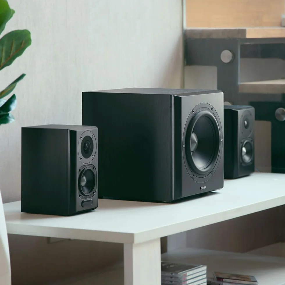 Edifier S351Db Système Audio 150 W Ensemble Stéréo 2.1 Caisson 8" Bluetooth 5.1 aptX DSP DRc Entrées optique coaxiale RCA