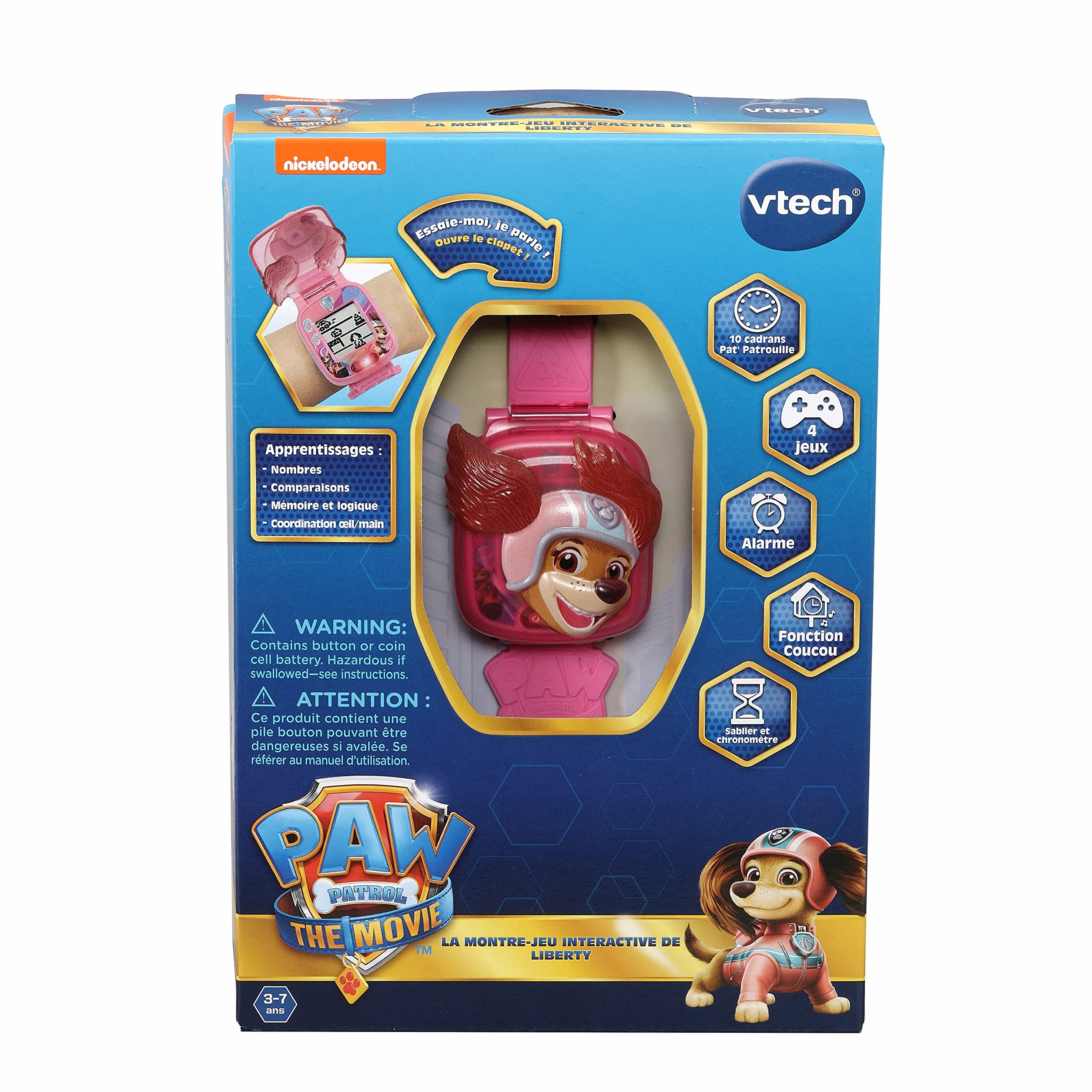 VTech Pat' Patrouille Le Film Montre-Jeu Interactive Liberty Enfant à Clapet Écran Animé Bracelet Souple 10 Cadrans 4 Jeux Cadeau 3-7 Ans Français