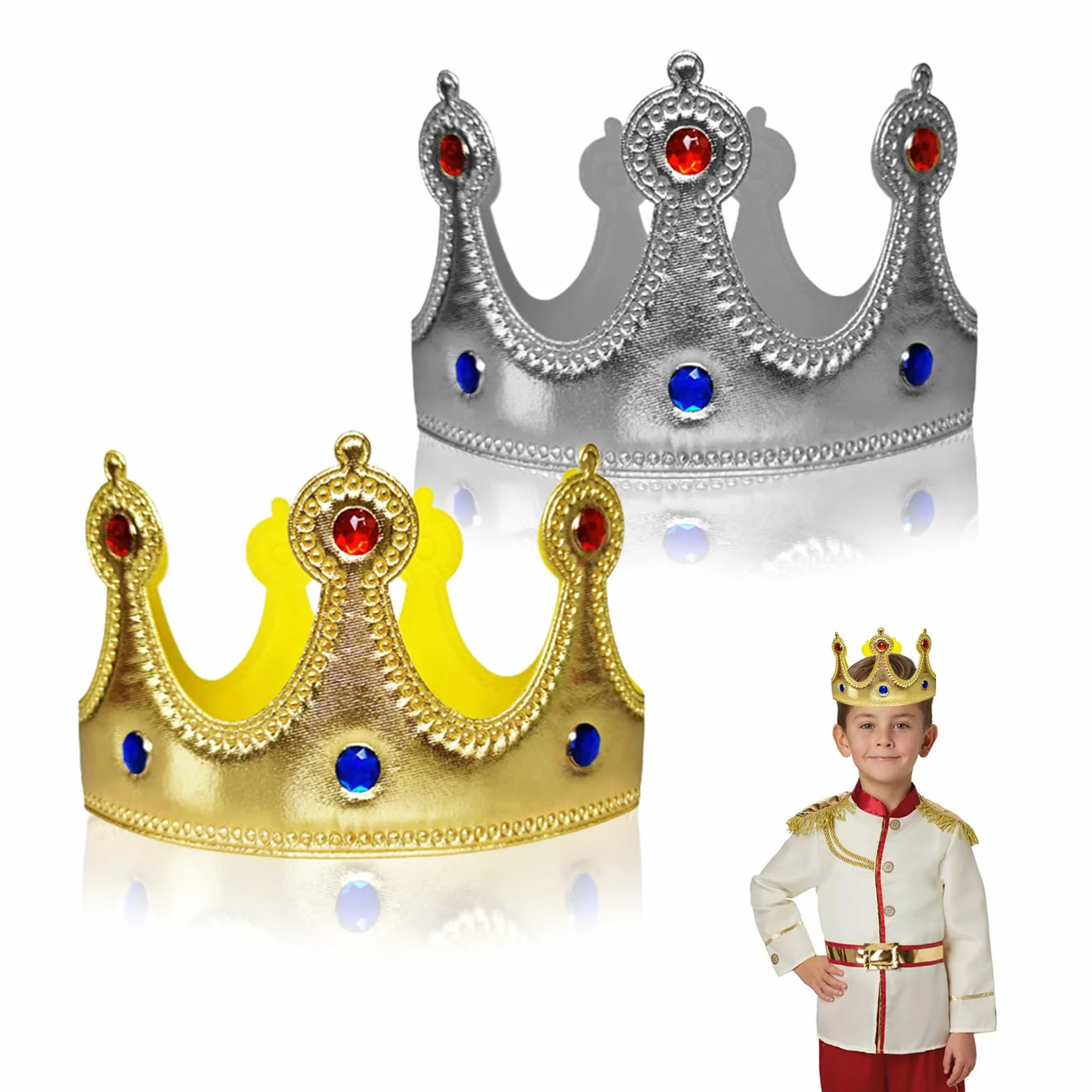 Diadème de Prince Couronnes de Roi Or Argent Enfants Adultes Tissu Décoration Anniversaire Couronnement