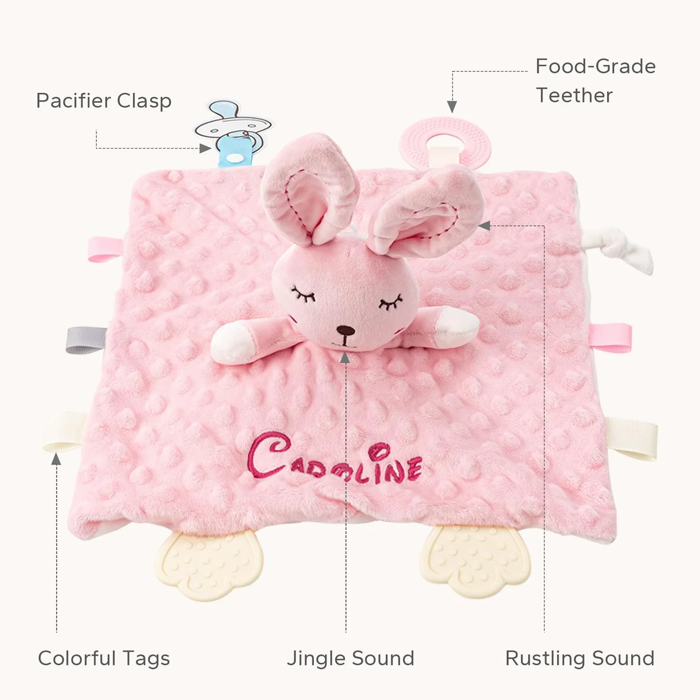Serviette de Bébé Personnalisée avec Prénom, Couverture de Sécurité Lapin Rose, Cadeau Fille Garçon
