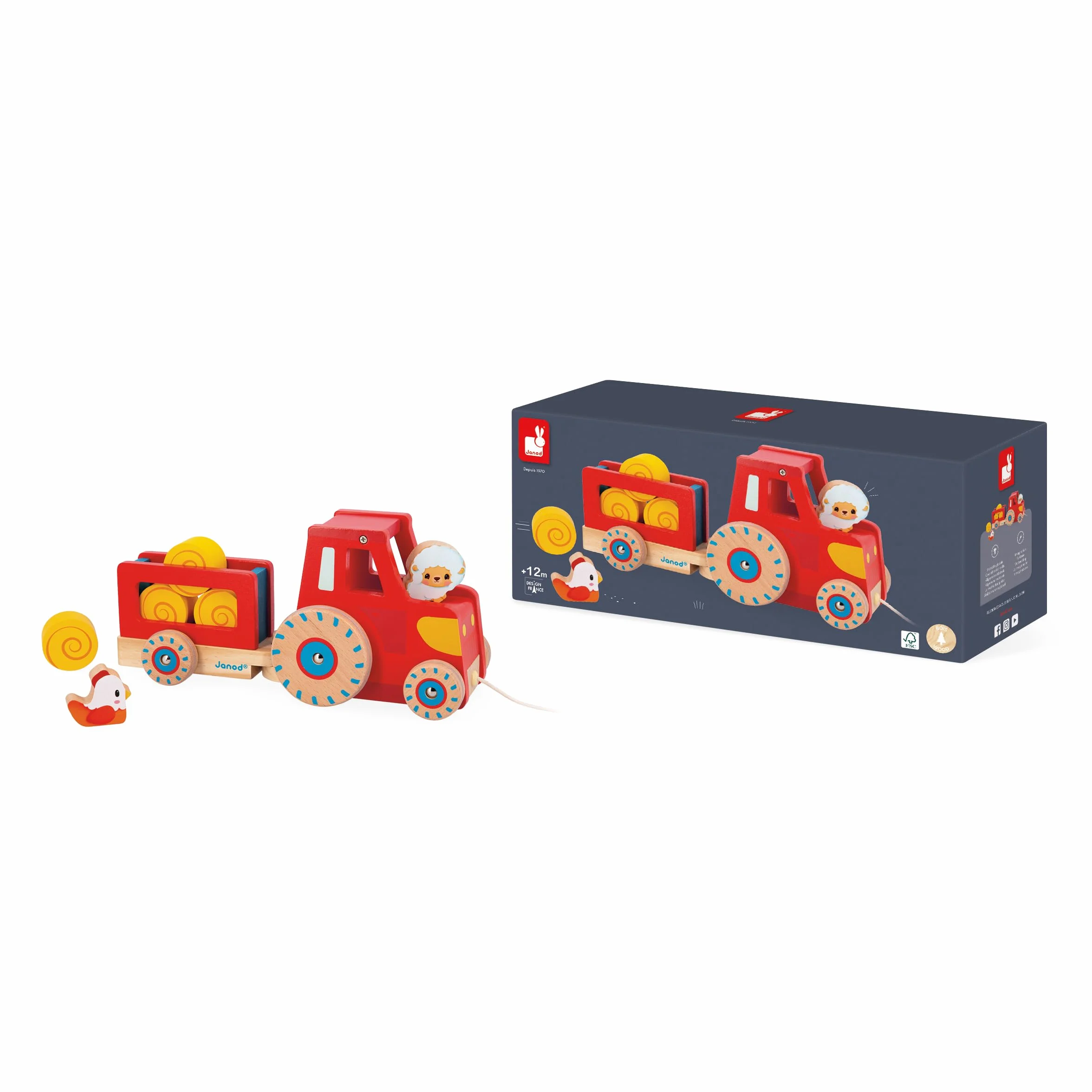 Janod Tracteur à Tirer Jouet d'Éveil 1 Tracteur Enfant 6 Accessoires Roues Silencieuses Bois FSC Dès 12 Mois