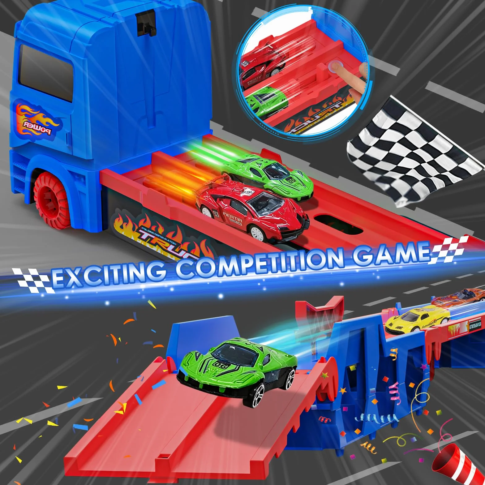 Camion Transporteur Voiture avec Pistes Pliables 165cm et 10 Mini Voitures pour Enfants 3-6 Ans