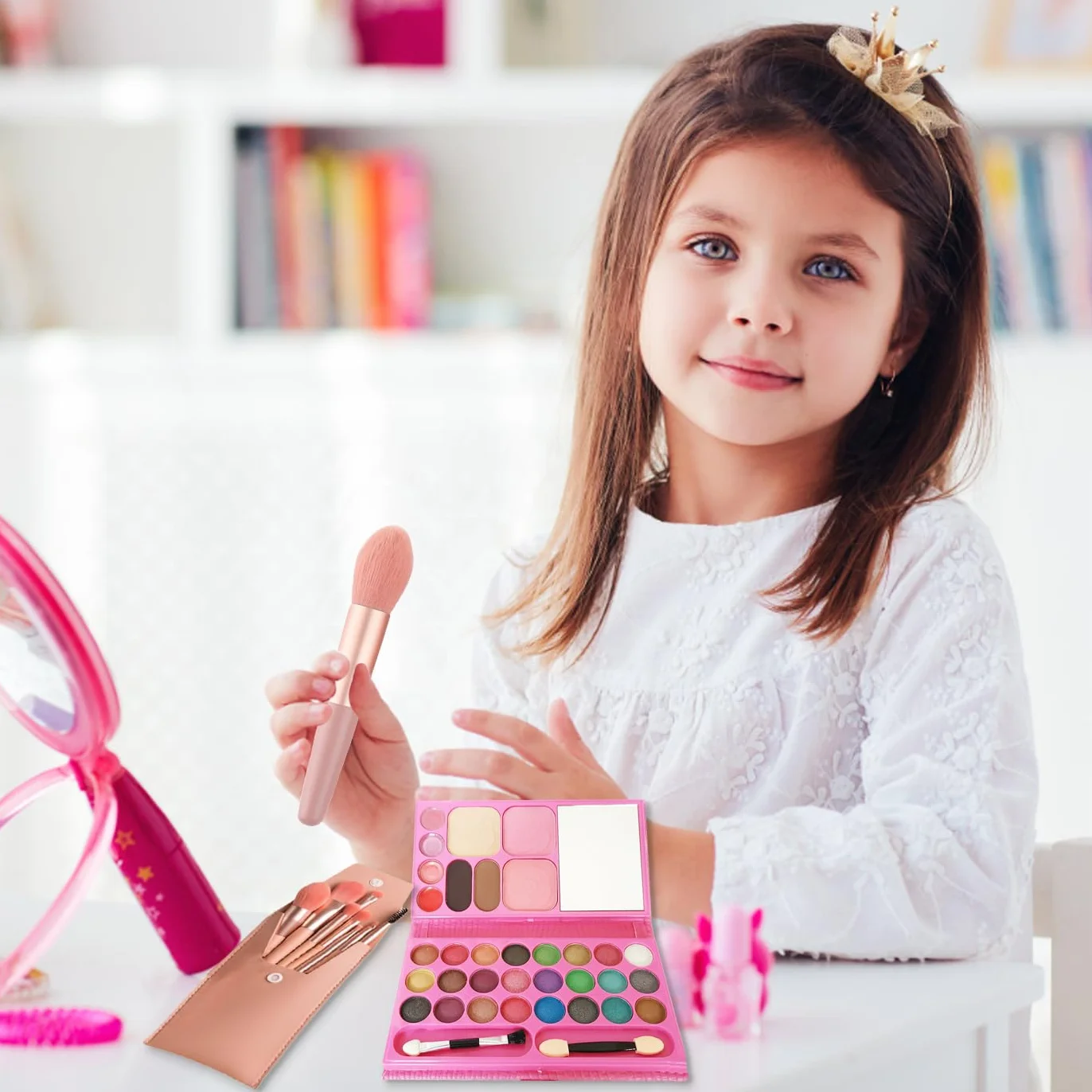 Ensemble de Maquillage pour Filles 33 Couleurs Jouets de Maquillage pour Enfants Cosmétiques Non Toxiques avec 8 Pinceaux Lavables