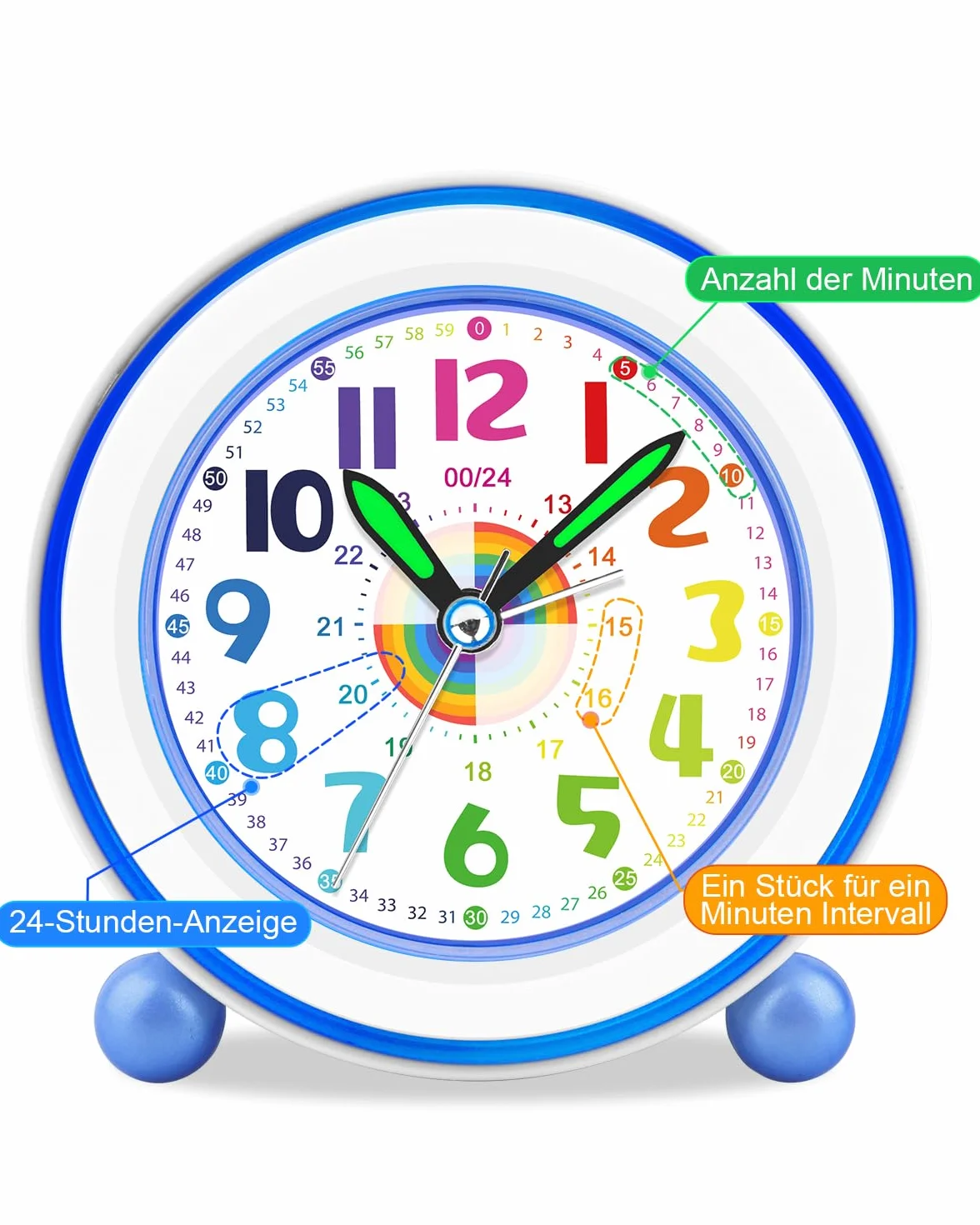 Réveil Enfant Fille Garçon, Horloge Analogique Pédagogique sans Tic-Tac avec Veilleuse et Snooze, Cadeau Chambre (Bleu Arc-en-Ciel)