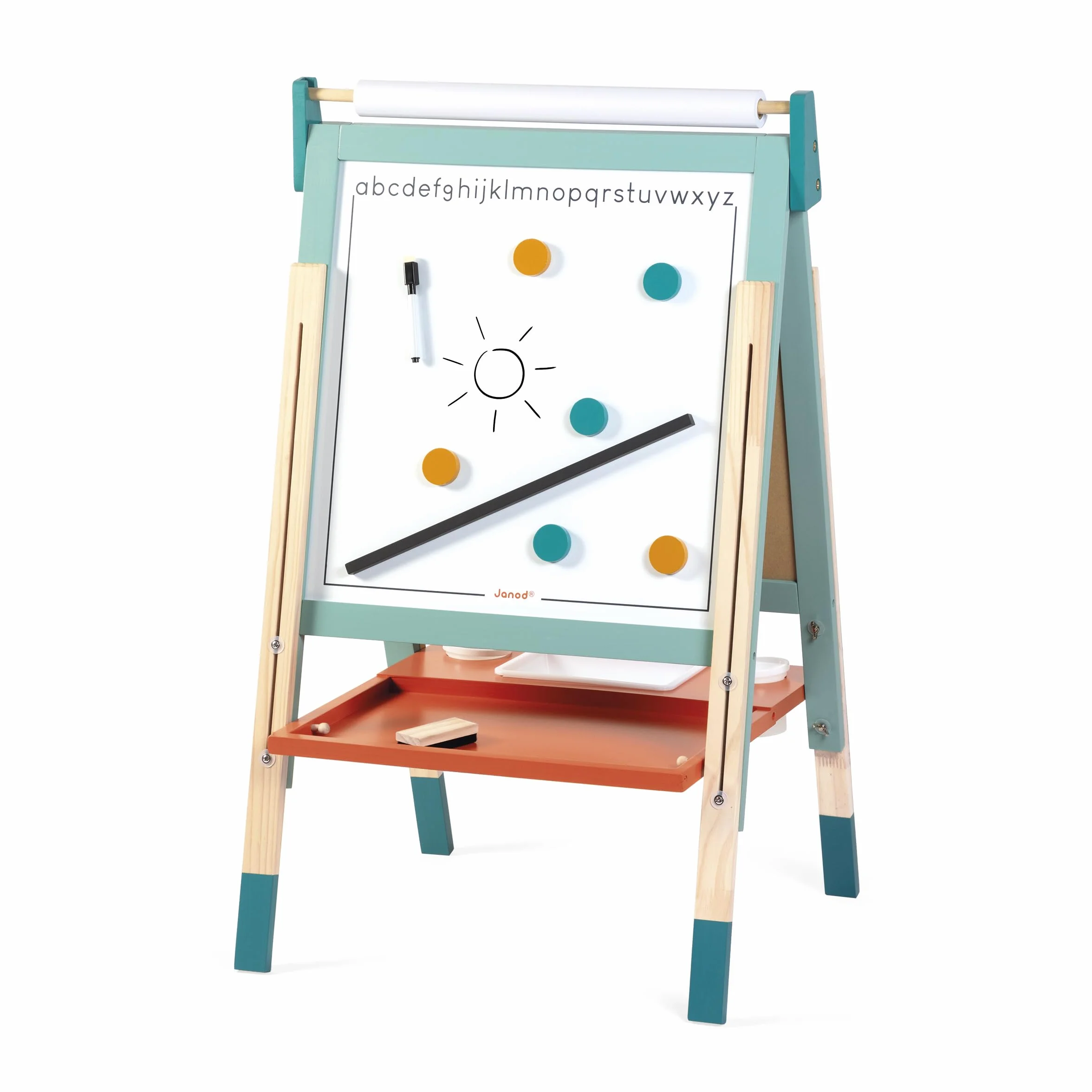 Janod Tableau Chevalet Double Face en Bois Réglable en Hauteur Ardoise Blanche Magnétique + Craie + Rouleau Papier 23 Accessoires Dès 3 Ans