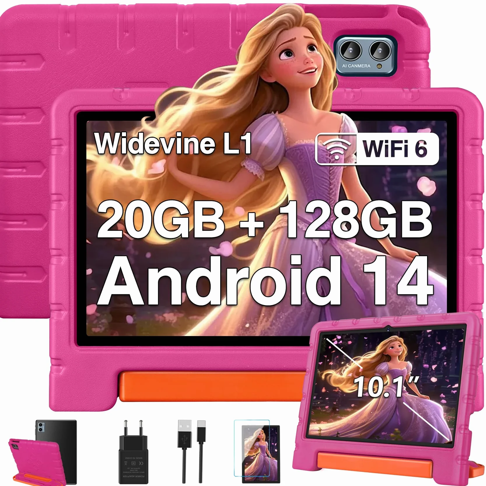 ZIOVO Tablette Enfants 10 Pouces Android 14 Tablette,20Go RAM+128Go ROM(TF 1To),Widevine L1,WiFi 6 Tablette Tactile,Octa-cœur, 6000mAh | 5+8MP | BT 5.0 | Contrôle Parental Tablettes avec EVA Cas-Rose.