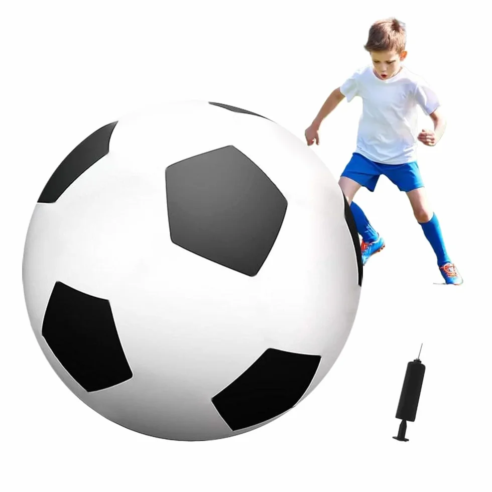Ballon de football gonflable géant 100 cm caoutchouc robuste avec pompe à main noir et blanc