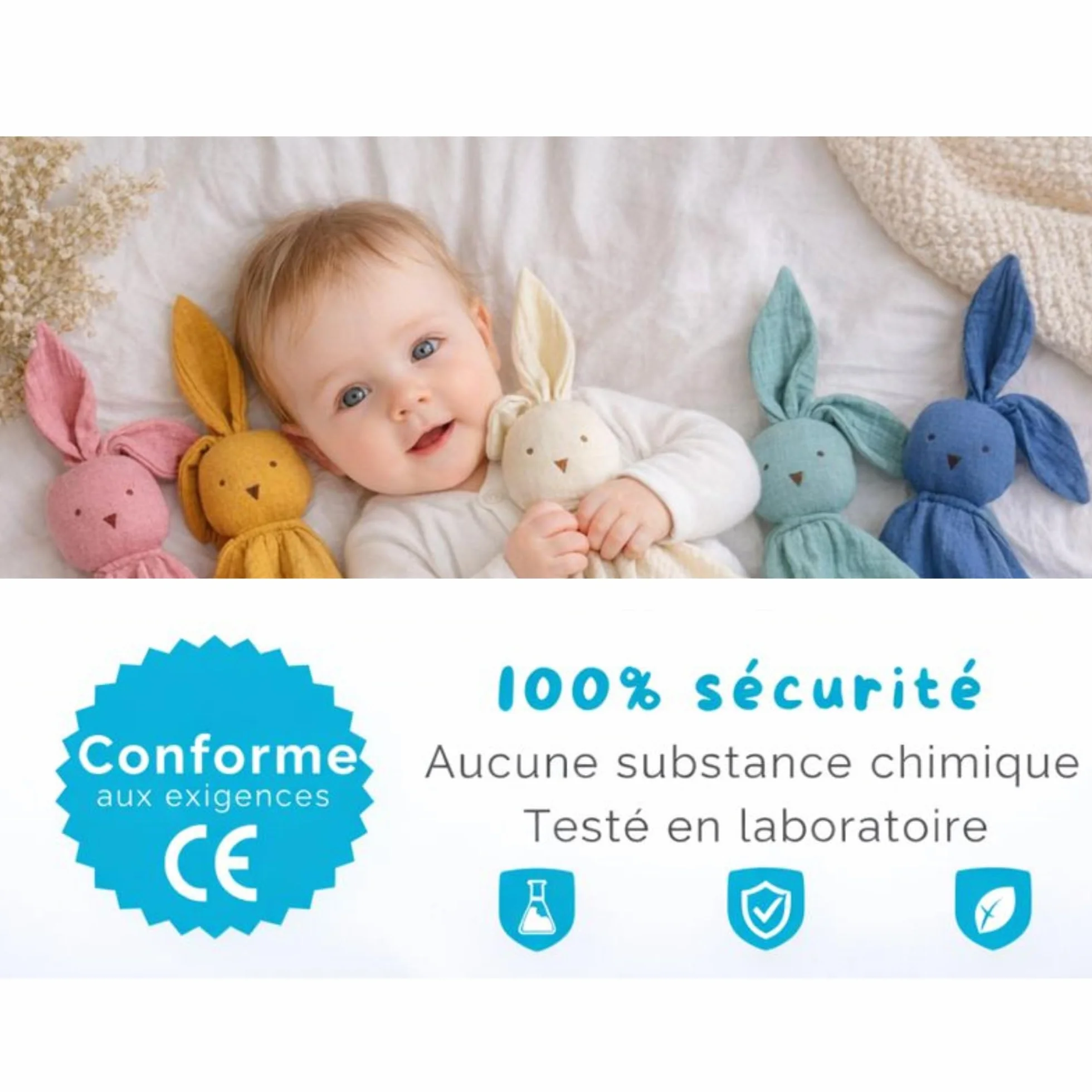 Doudou Lapin en Coton Bio 30x30 cm Cadeau Naissance Écru