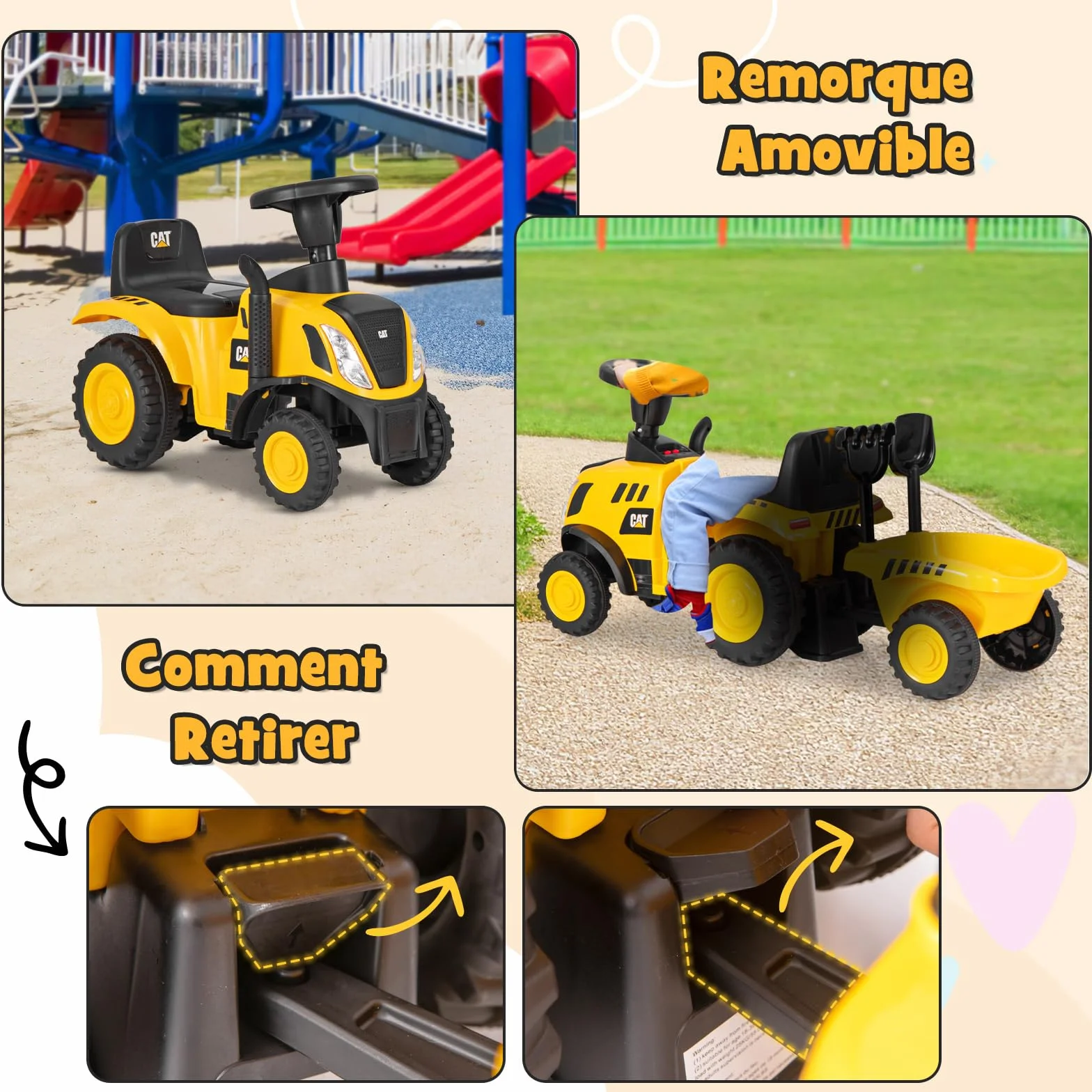 COSTWAY Caterpillar Porteur Tracteur Enfants avec Remorque Amovible & Pelle & Râteau, Voiture Enfants à 6 Pneus avec Lumière LED & Musique & Klaxon, Charge 25kg pour Enfants de 1,5-3 Ans