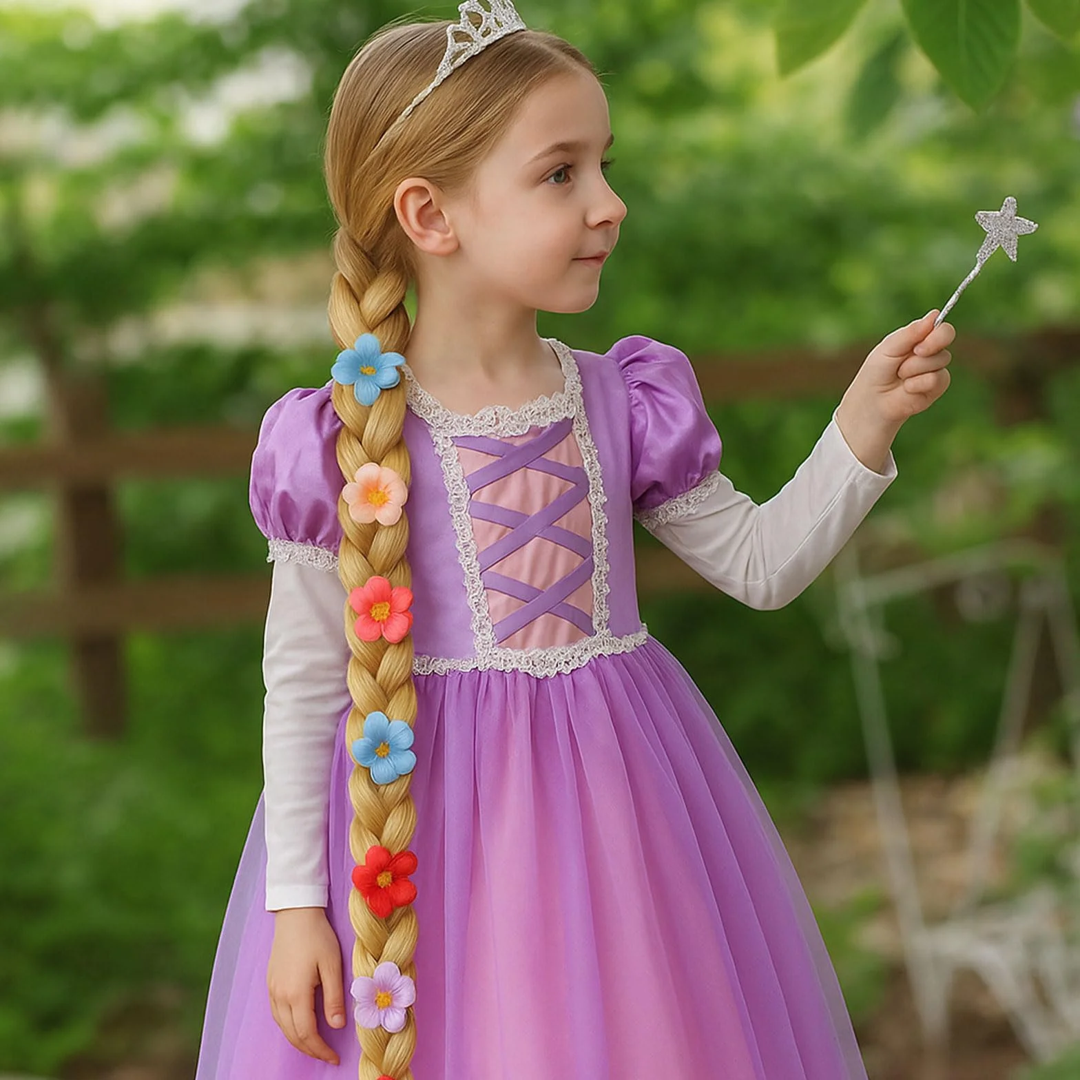 Perruque Princesse Fille, Perruque Rapunzel Blonde Tresse, Décoration Fleur Tie-Dye Costume Halloween