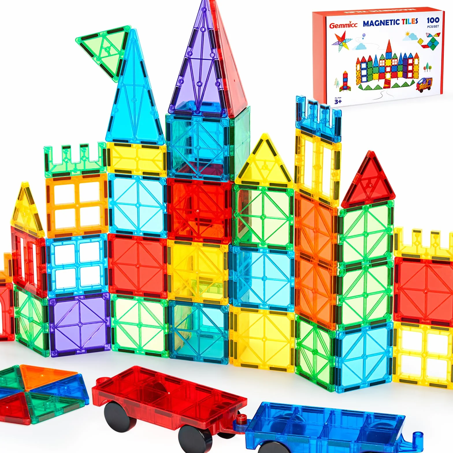Gemmicc Tuiles Magnétiques 100 Pièces avec 2 Voitures, Jeu Éducatif STEM