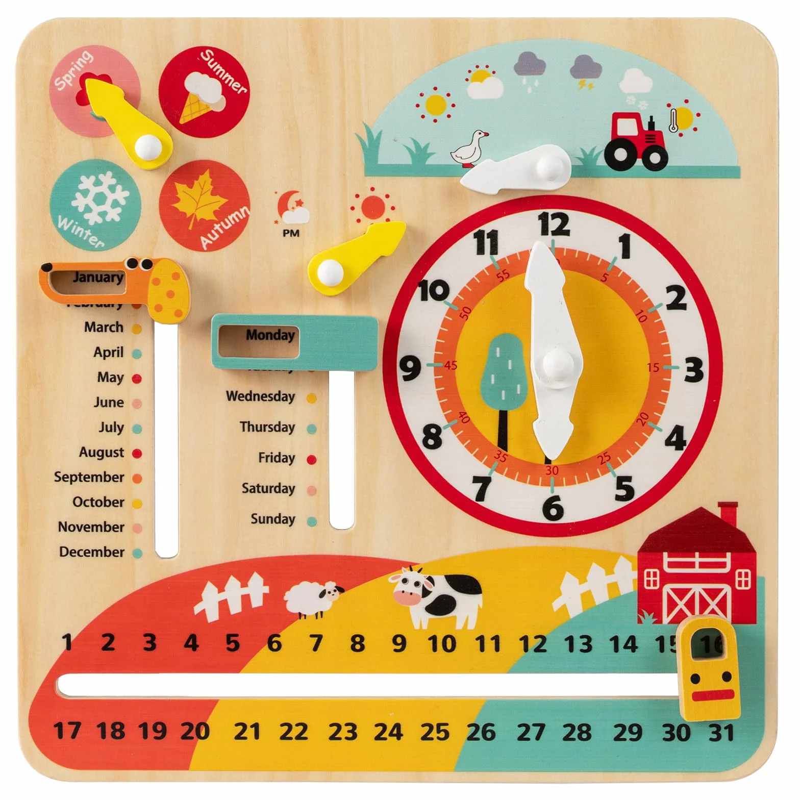 GOPLUS Calendrier Enfant Éducatif 7 en 1, Planche d'Activité d'apprentissage des Mois, Semaines, Jours, Saisons, Heure, Météo, Jouet Montessori Motricité en Bois pour 3+ Ans