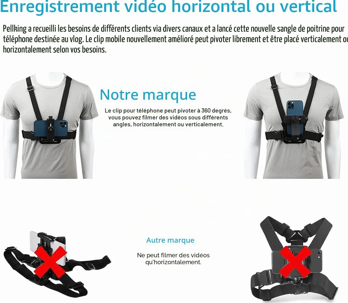 PellKing Harnais de Poitrine pour Téléphone Portable avec Clip pour Caméra d'Action POV