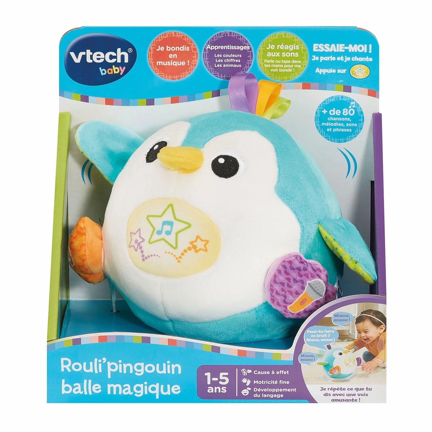 VTech Rouli'Pingouin Balle Magique Peluche Interactive Bébé Qui Répète, Saute et Roule - Balle Bébé Éveil Musical, Pingouin Jouet Sensoriel - Cadeau Enfant Dès 1 an