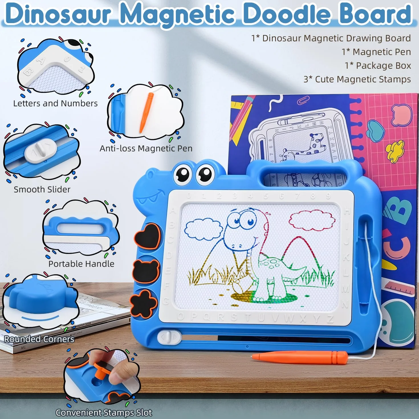 AiTuiTui Ardoise Magique Jouet Enfant 3-5 Ans, Ardoise Gribouillage Magnétique Effaçable, Jeu Educatif Cadeau Filles Garçons, 4 Zones Couleur 3 Tampons 1 Stylo, Bleu