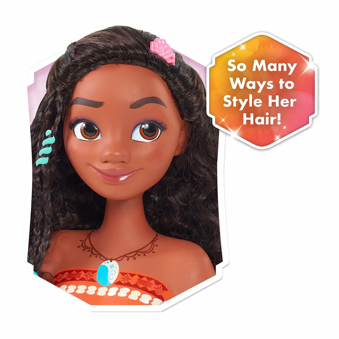 Just Play Tête à coiffer Vaiana Princesses Disney avec Accessoires 14 Pièces Chevelure Brune Yeux Marron Jouets Enfants 3 Ans+