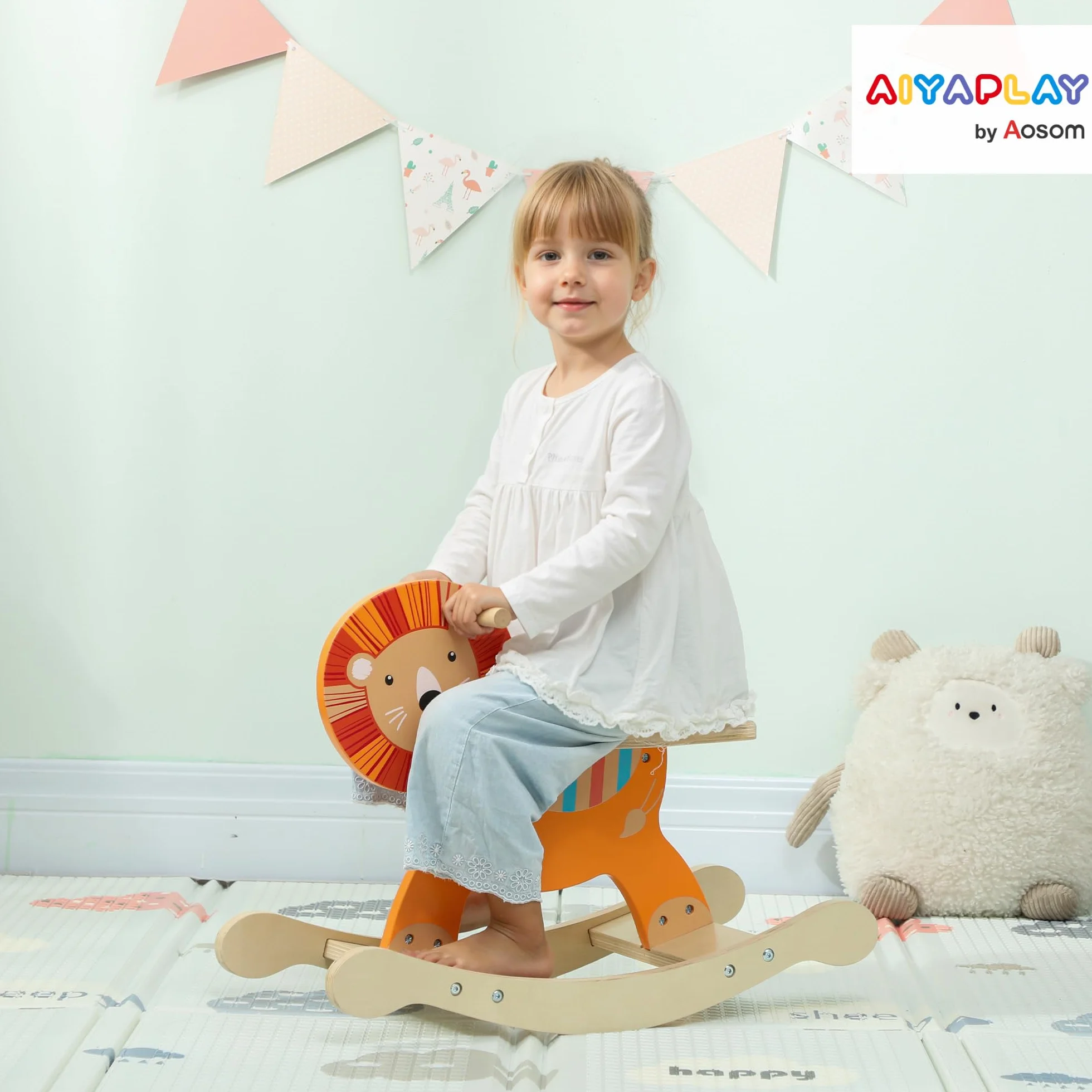 AIYAPLAY Cheval à Bascule en Bois pour Enfants 2-5 Ans, Jouet à Bascule Lion avec Guidon, Orange