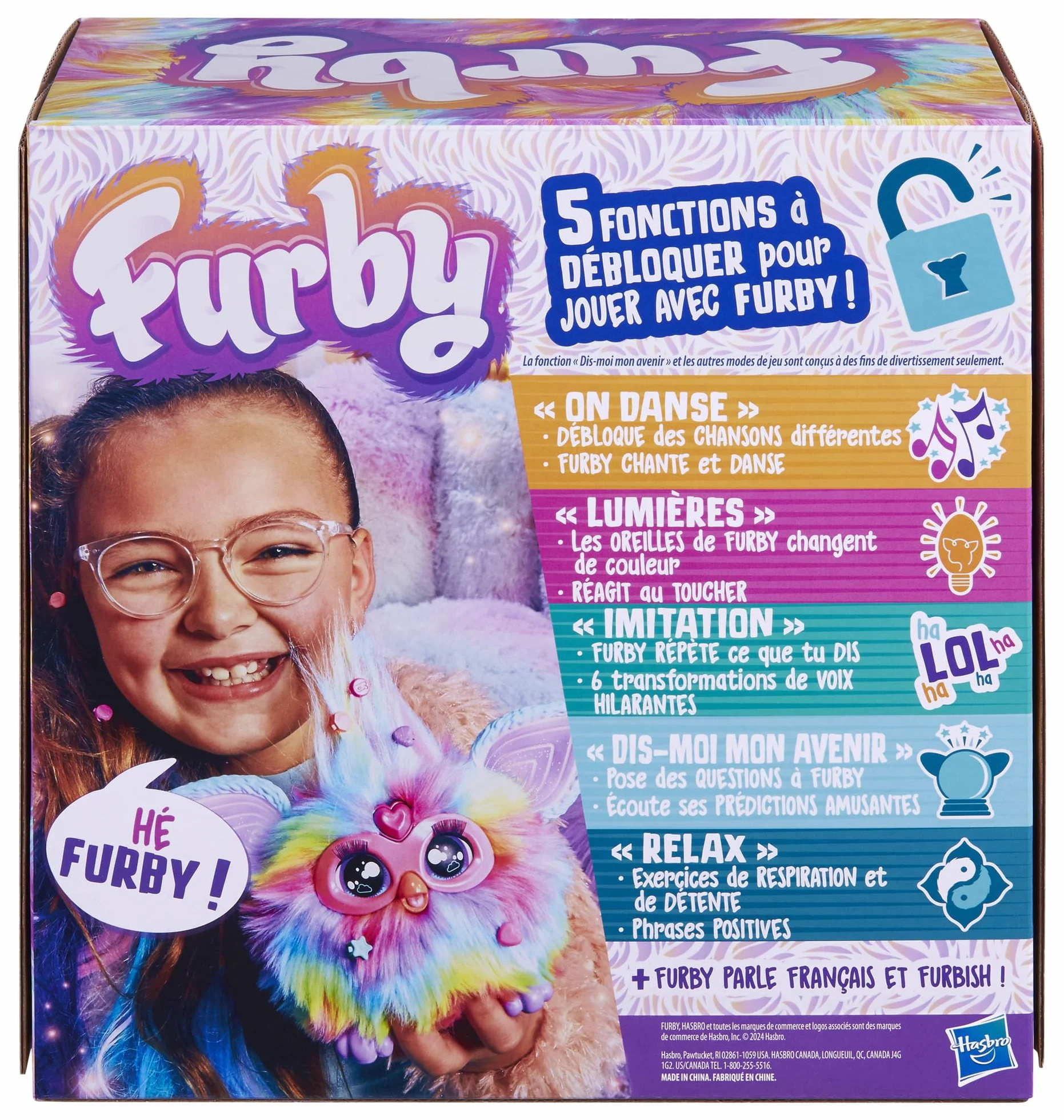 Hasbro Furby Tie Dye Peluche Parlante Qui Brille dans Le Noir Version française