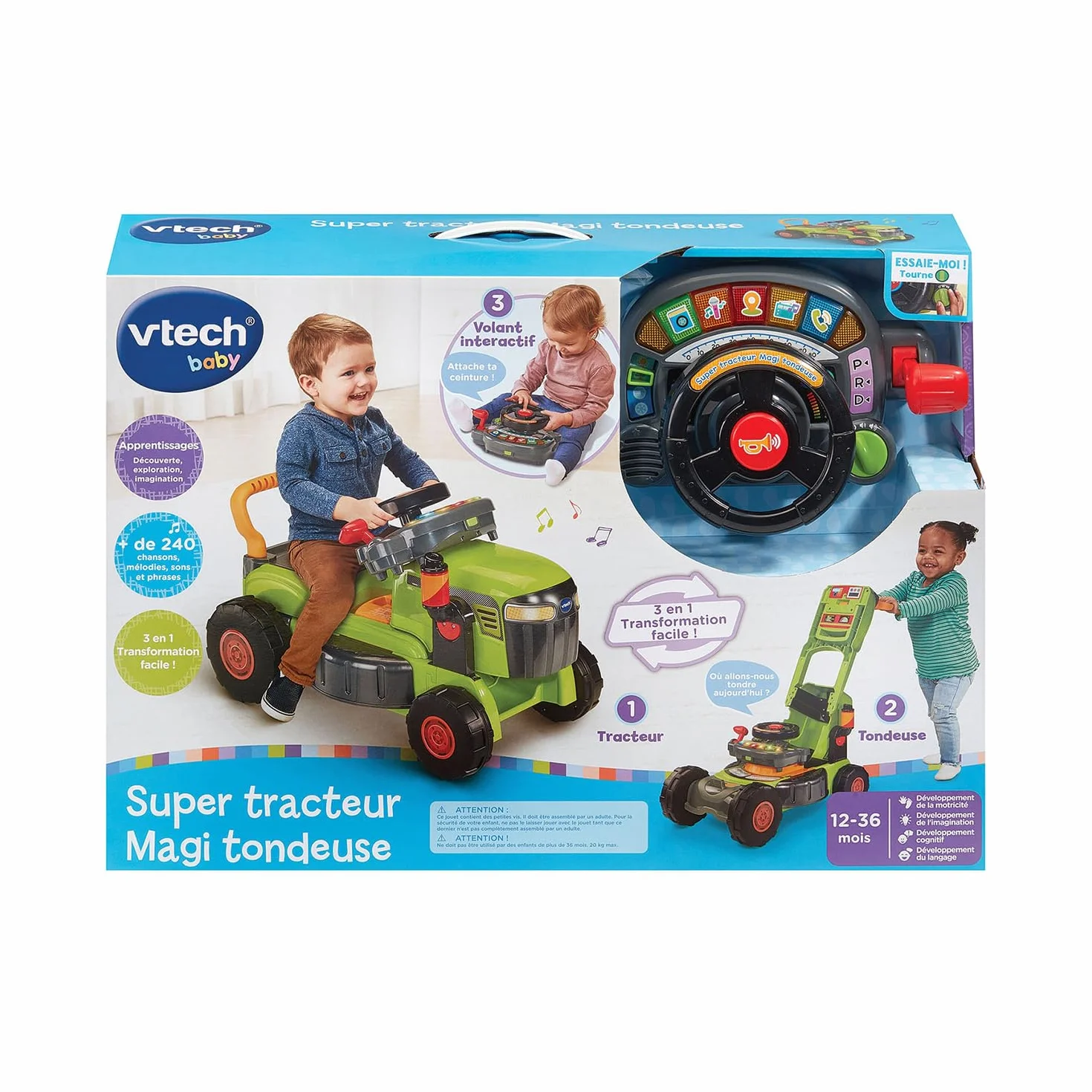 VTech Super Tracteur Magi Tondeuse Vert 3 en 1 Porteur Pousseur Bébé Jouet d'Éveil